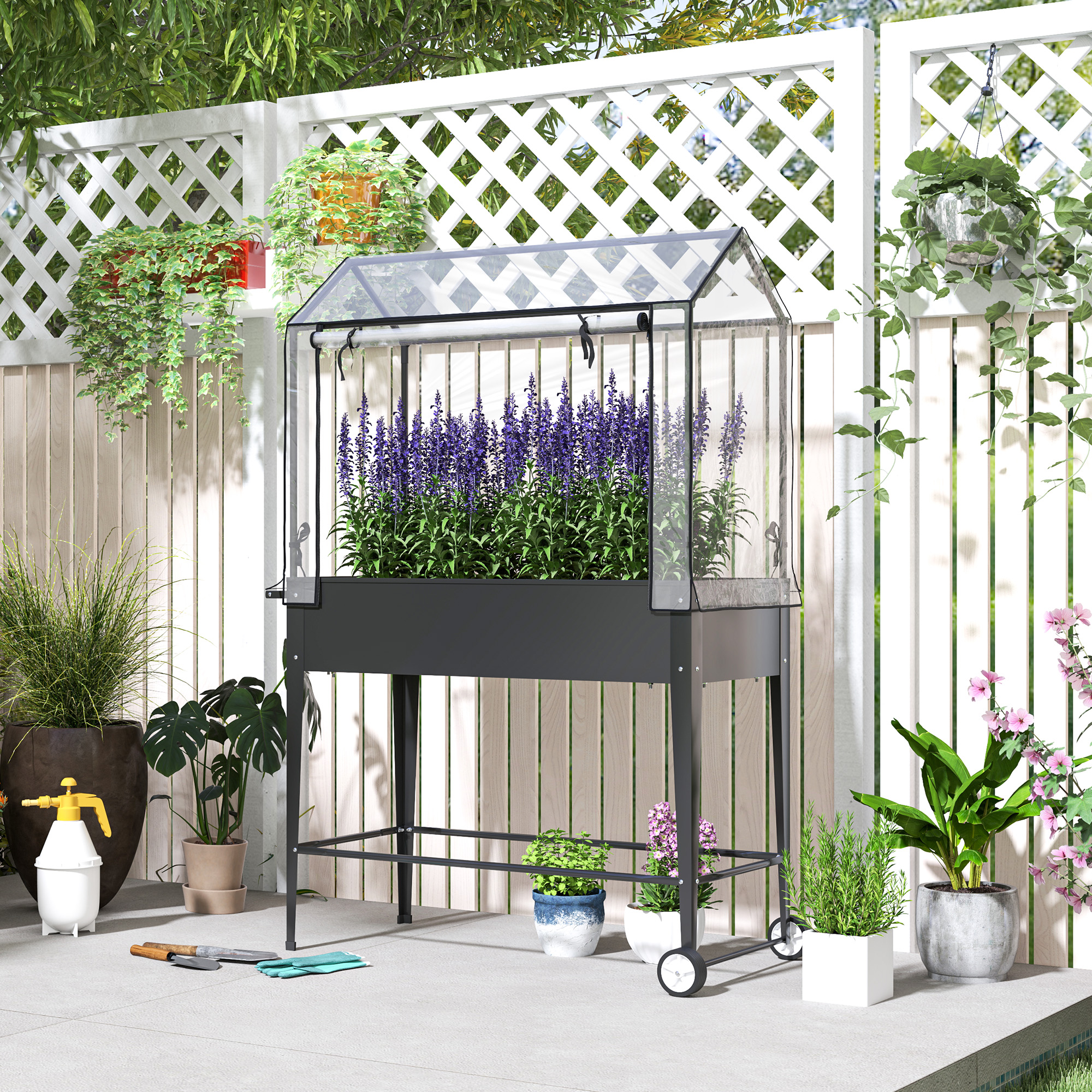 Outsunny Erhöhtes Gartenbeet mit PVC-Abdeckung Pflanzbeet auf Rädern Ablaufloch 100 x 45 x 152 cm Schwarz