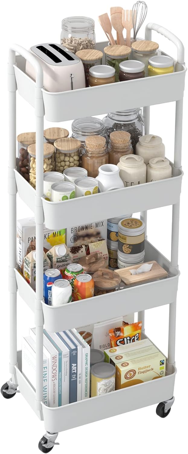 Sywhitta - Carrello in plastica a 4 scomparti, multifunzionale, per ufficio, soggiorno, cucina, contenitore mobile con ruote, colore bianco