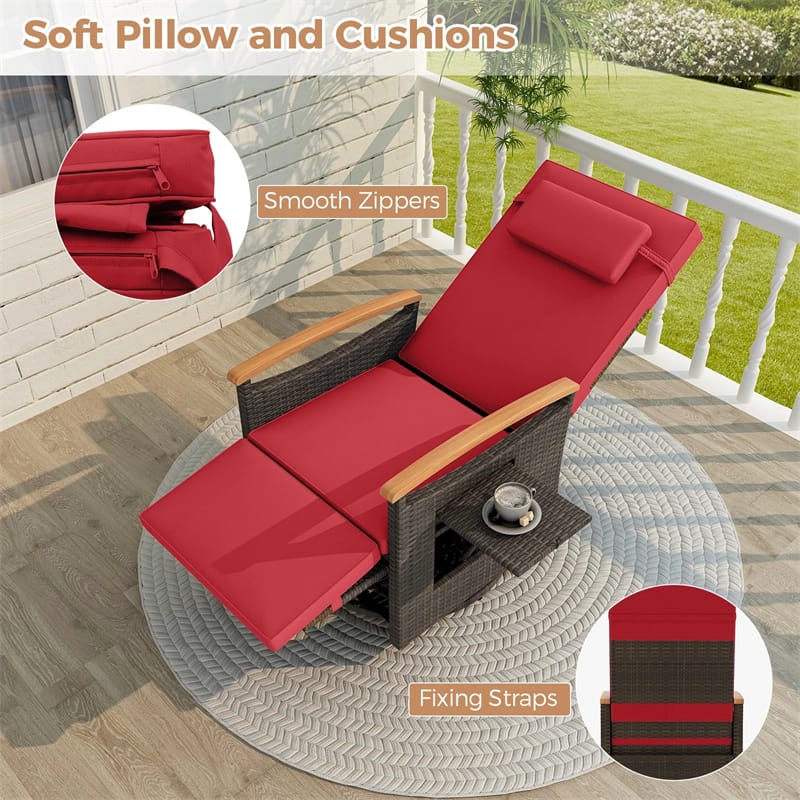 Outdoor Rattan 360° Swivel Recliner Chair, Patio Wicker Chaise Lounge Chair with Adjustable Backrest & Footrest, Flip Side Table & Cushions