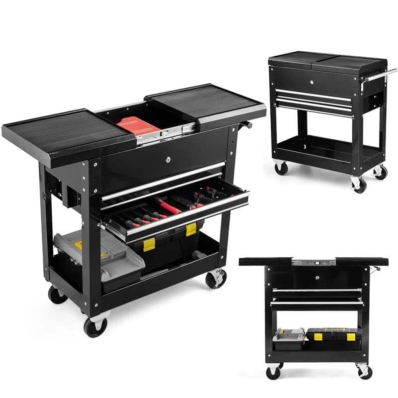 Portable Rolling Tool Cart 2 Drawer Tool Storage Cabinet Metal Toolbox Organizer With Slide Top - Durable Tools For Home Projects