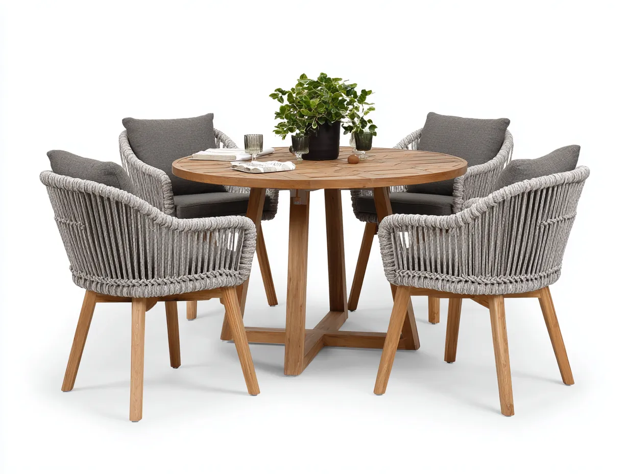 Set da pranzo da esterno-legno-rattan sintetico-120x120x75 cm-Naturale-Grigio-design moderno
