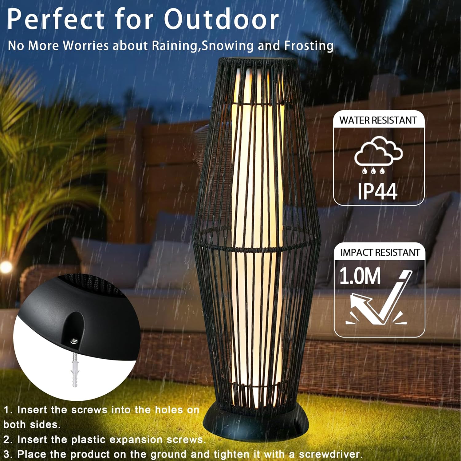 TRIROCKS Solar Rattan Stehlampe 2 Stück Solarbetriebene Gartenlaterne aus Korbgeflecht mit Olifen-Seil Wasserdicht Bodenlampen Solar LED Stehlampen für Außenbereich Hof Terrasse Garten Schwimmbad