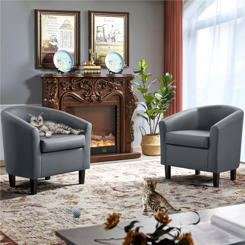 Renwick Faux Leather Barrel Accent Chair for Living Room, Set of 2, Black