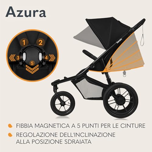 LIONELO AZURA Passeggino per Jogging da 6 mesi a 22kg Passeggino a Tre Ruote, Schienale Regolabile Completamente Reclinabile Grandi Ruote Gonfiabili Sospensione Completa Cappottina XXL : Prima infanzia