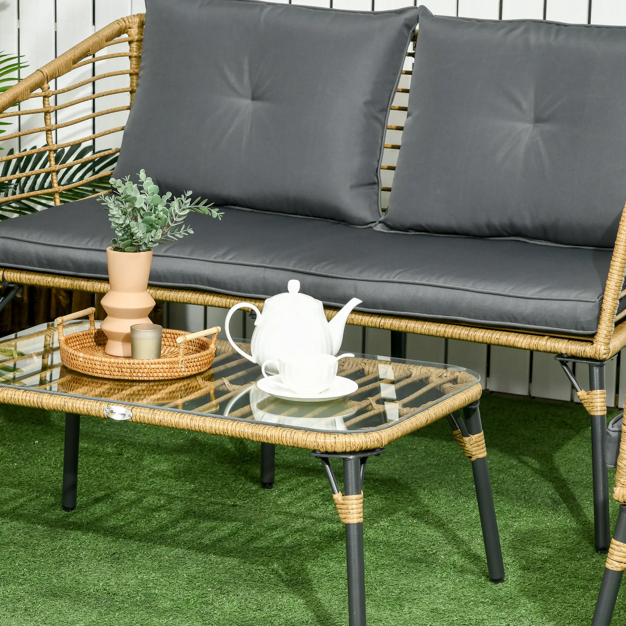 Outsunny Polyrattan Tuinbankset 4-delig. Boho-stijl Glazen Salontafel