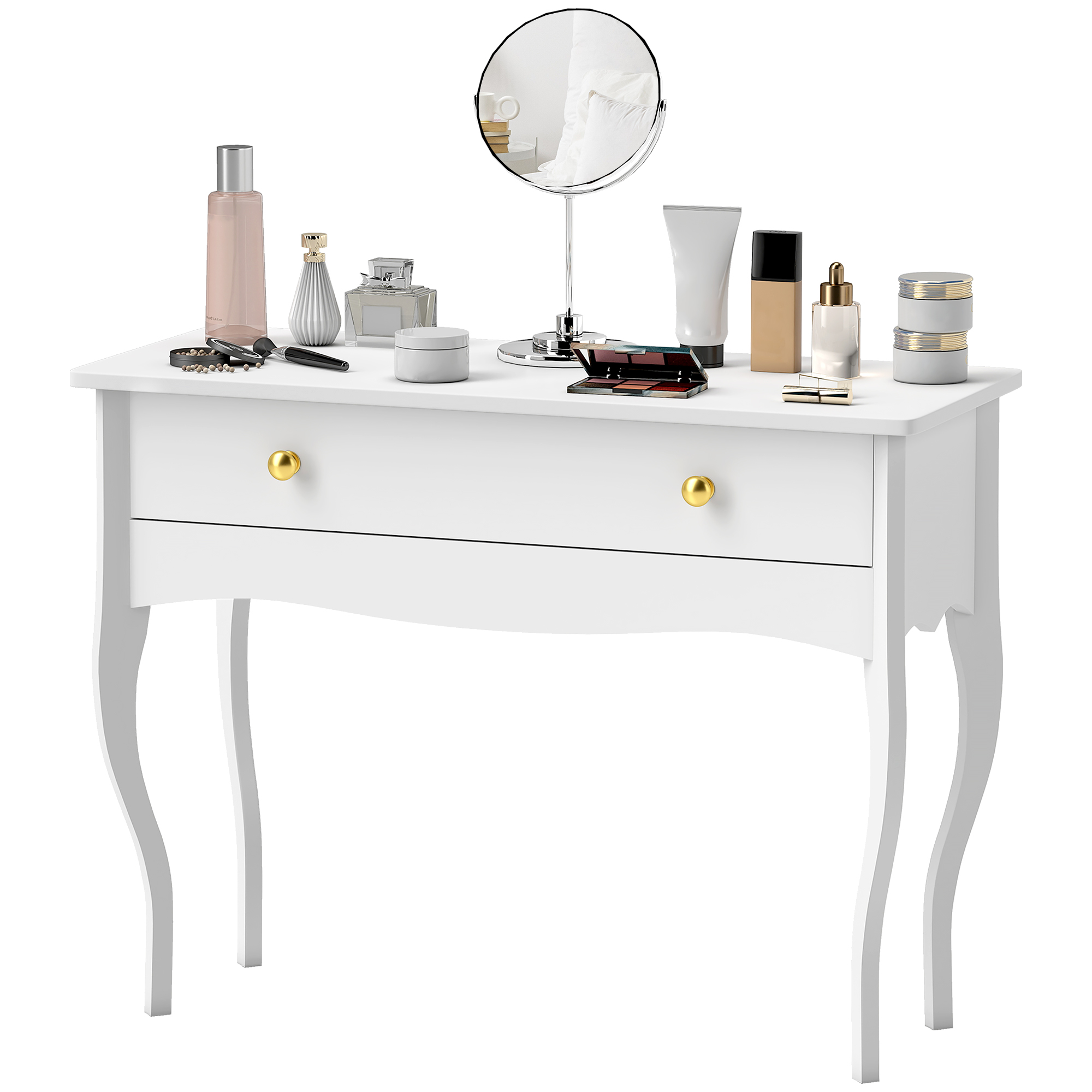 HOMCOM Schminktisch mit großer Schublade und geschwungenen Beinen, Schminktisch für Schlafzimmer, 100 x 40 x 74 cm, weiß