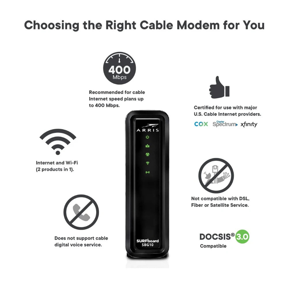 Arris SURFboard SBG10 DOCSIS 3.0 Cable Modem & AC1600 Dual Band Wi Fi Router