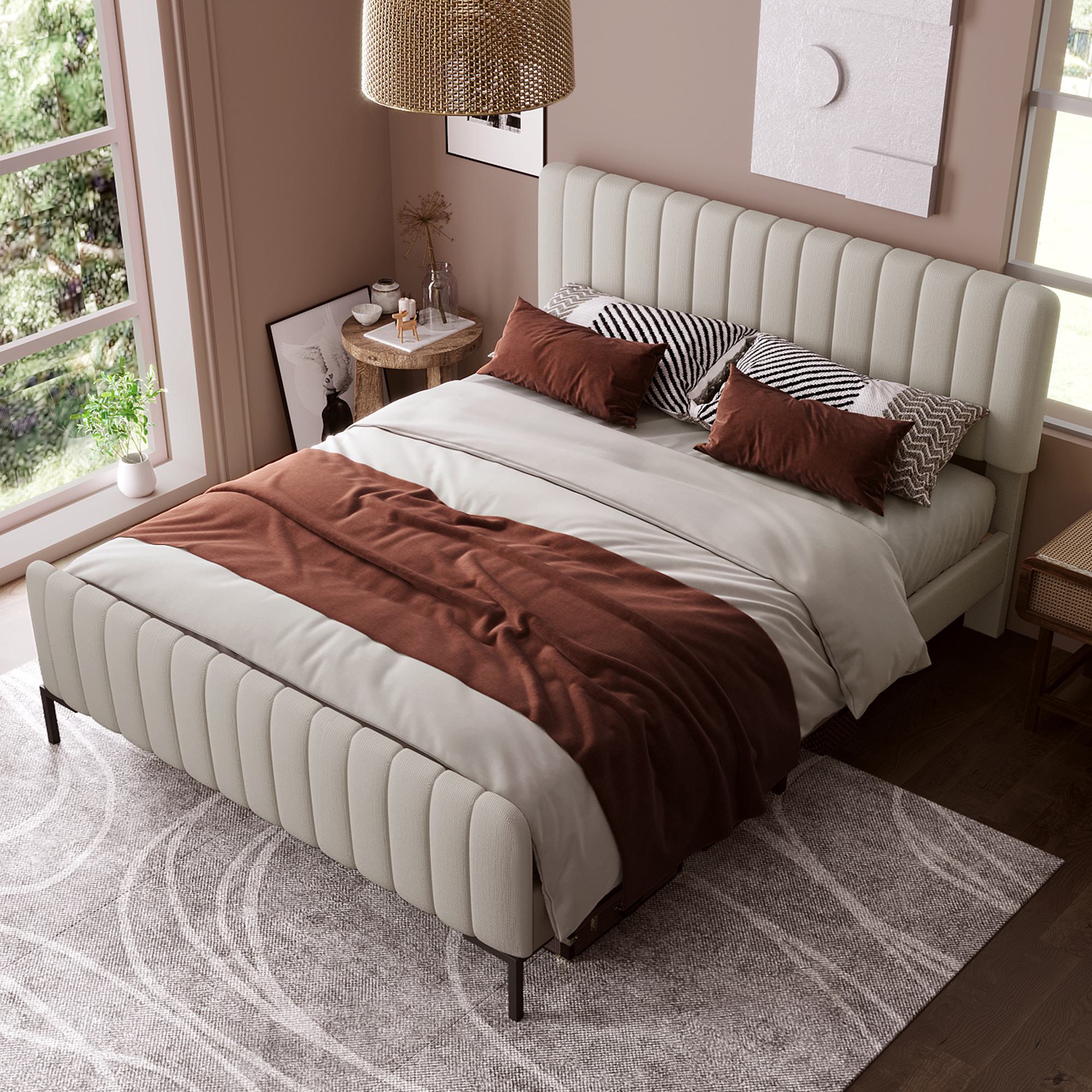 Gepolstertes Doppelbett mit Lattenrost und verstellbarem Kopfteil, Stoff, 140x200 cm, Grau+Beige