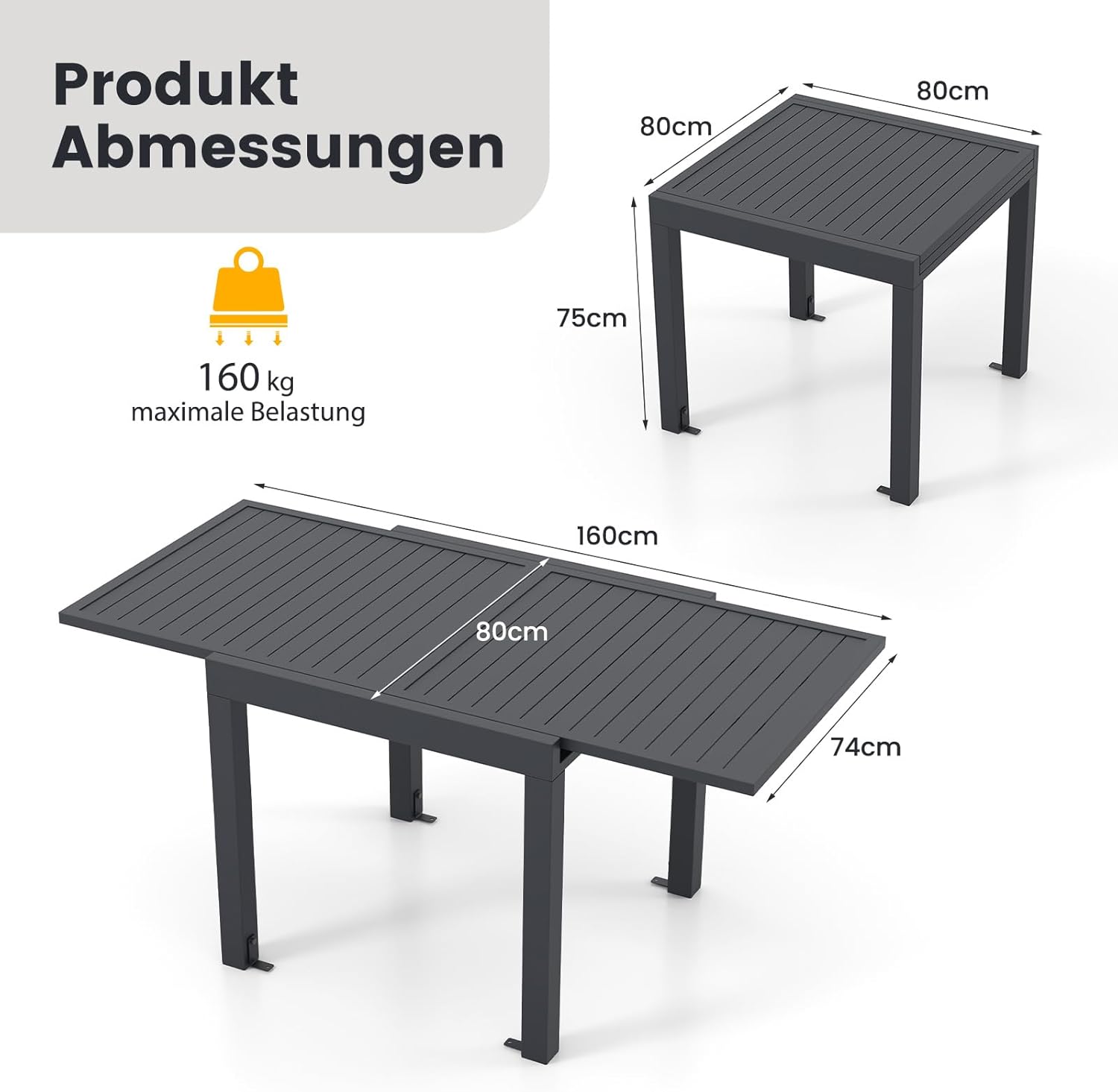 COSTWAY Gartentisch Aluminium ausziehbar, 80/160x80cm, Esstisch wetterfest, rechteckiger Terrassentisch mit Lattentischplatte für 4-6 Personen, Ausziehtisch für Garten, Terrasse