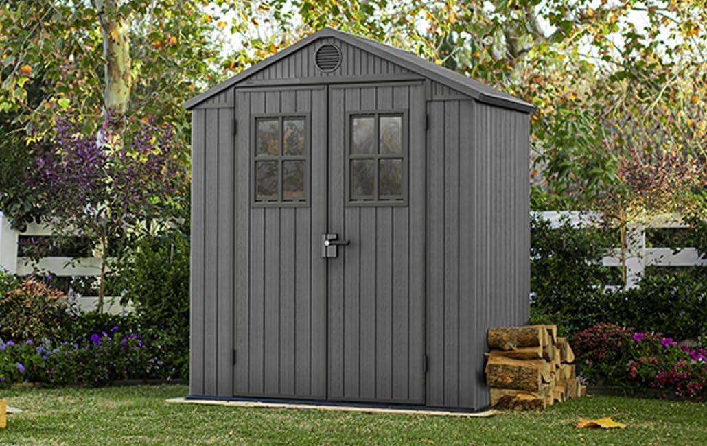 Keter Darwin Gartenhaus 6x4, 190x122x221 cm, wetterfest aus Kunststoff mit Holzoptik, abschließbares Gerätehaus, Satteldach, grau