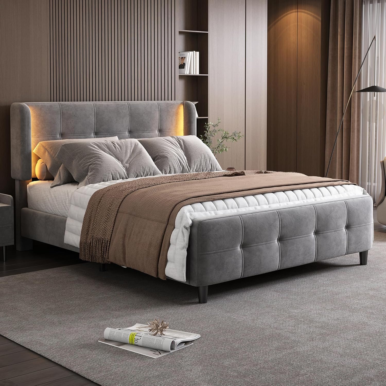 Soweiz Modern Padded Full Bedroom Set 1 Bedside Table + Stool Double Bed Side Ears Bedside Table Velvet Grey (140 x 200cm)