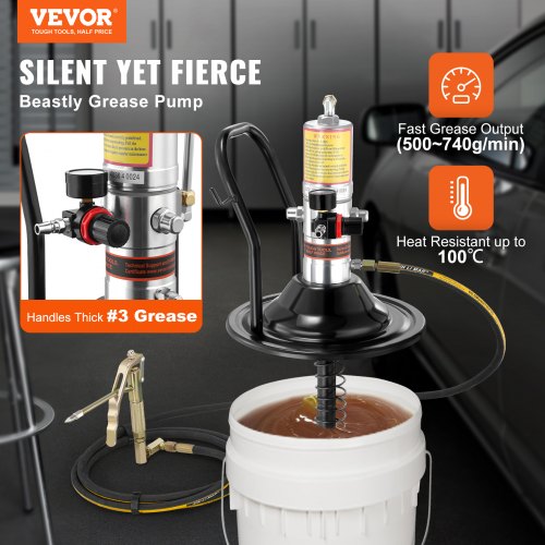 VEVOR Pneumatische 0,6-0,8Mpa Fettpumpe Druckguss-Aluminium Luftbetriebene Abschmierpumpe Durchfluss von 740 g/min Luftfettpumpe -20℃ bis 100℃ Betriebstemperatur Geeignet für 0-3# Schmierfett
