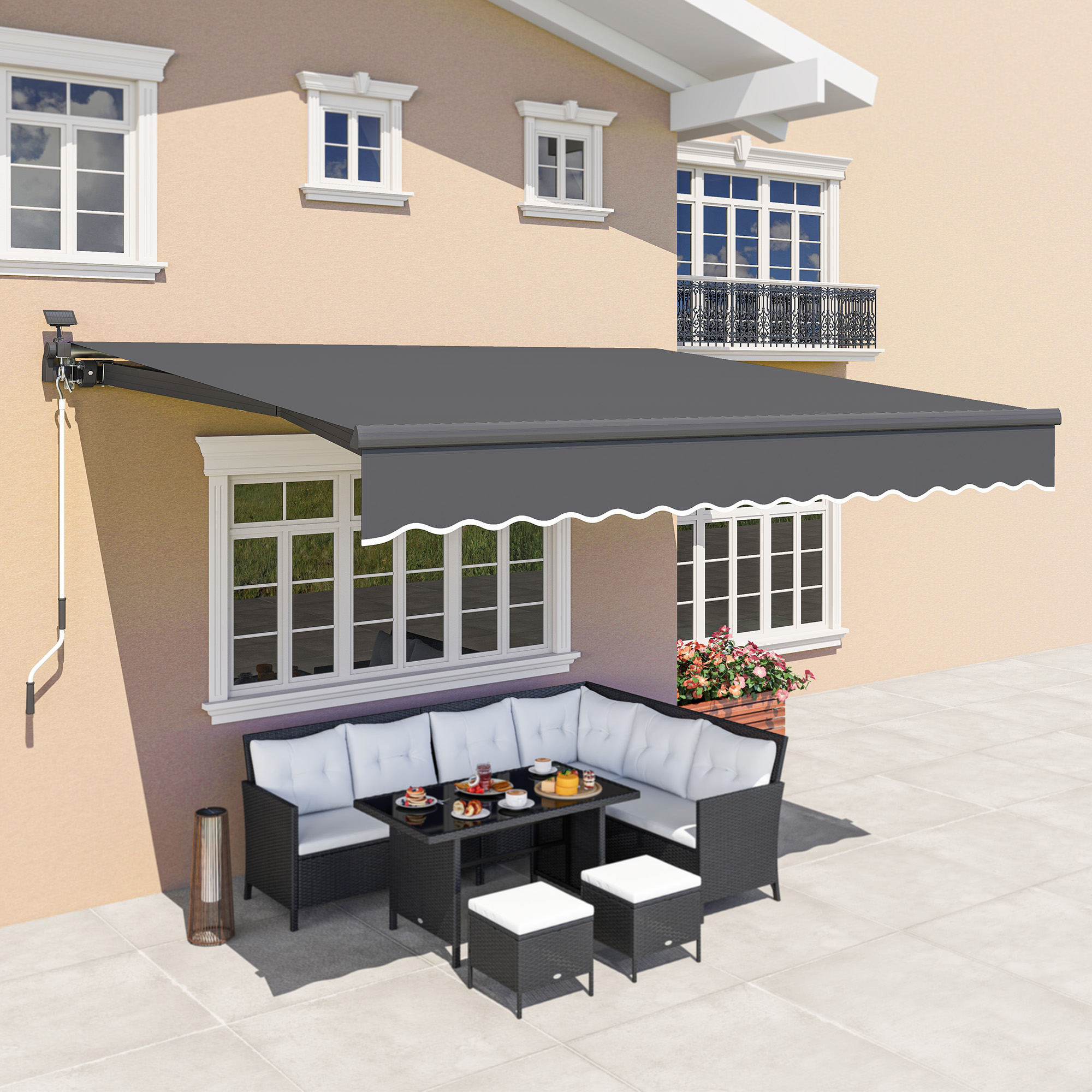 Outsunny Klemmmarkise mit Handkurbel Solar-Lichte Gelenkarmmarkise Markise Sonnenschutz UV 50+ 400 cm breit Grau