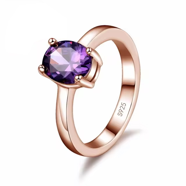 Purple Rose Gold Oval-Shaped Clear Stone Ring