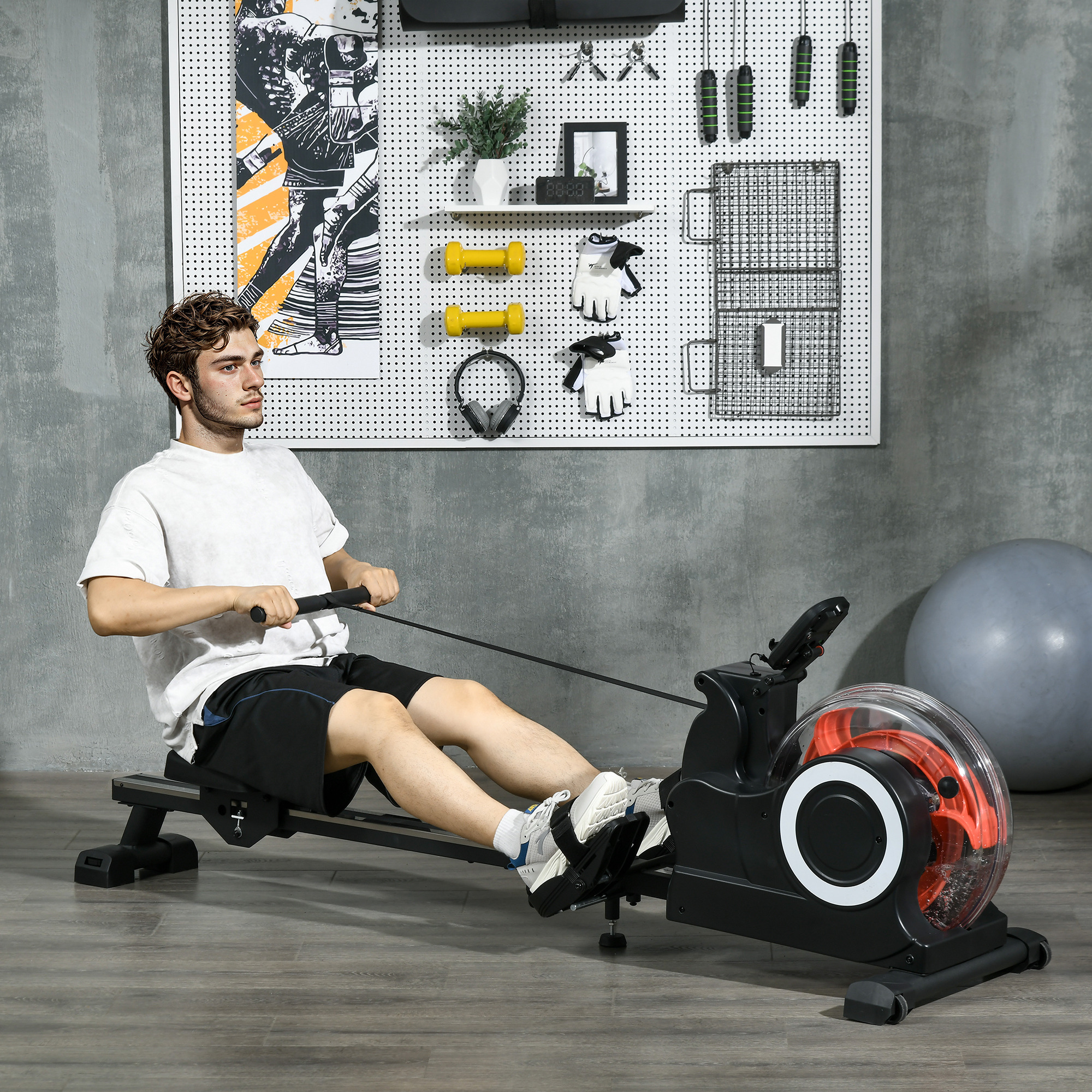 SPORTNOW Wasserrudergerät, klappbar, 6 Widerstände, Display, Handyhalterung, bis 120kg, Metallgestell, Schwarz