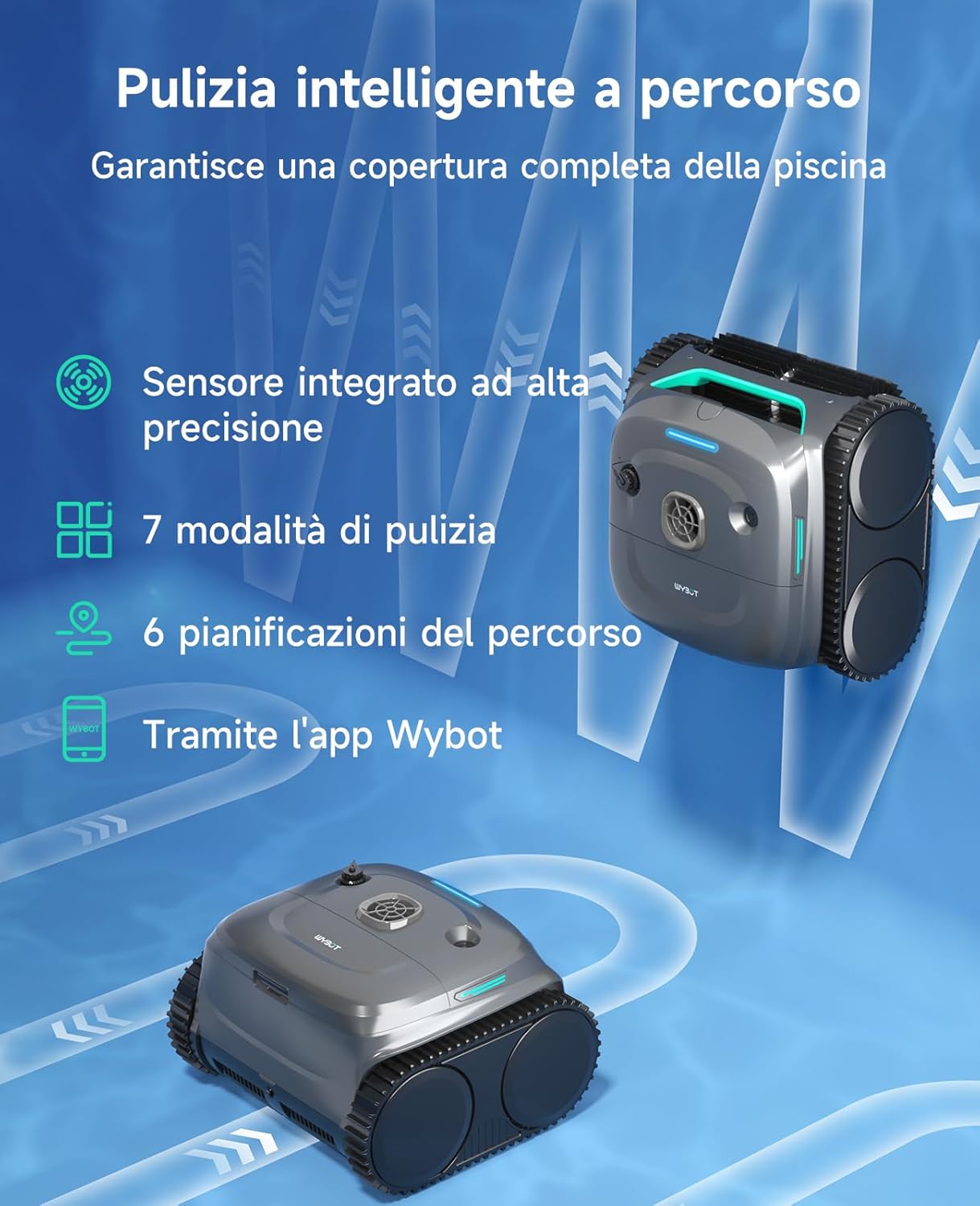 WYBOT C2 Robot Piscine Pareti e Fondo, Senza Fili per Piscine Interrate 150㎡, Doppia Filtrazione, 3 Motori, Aspirazione Potente, Pulizia Pareti & Linea d'Acqua, 180 Min, App(Grigio-Verde Grigio)