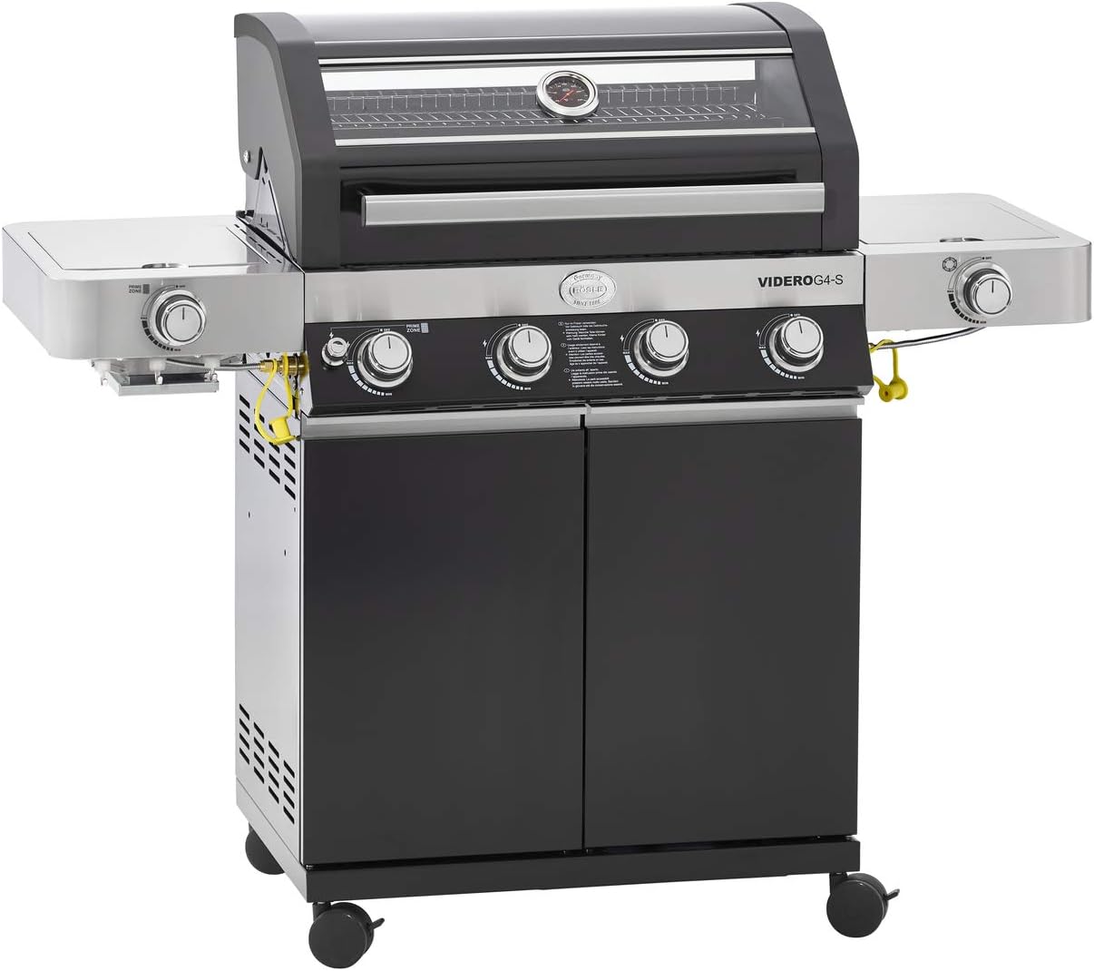 RÖSLE barbecue a gas, stazione BBQ VIDERO G4-S, in nero, 30 mbar, barbecue con 4 bruciatori in acciaio inox, extra: primezone e bruciatore laterale, tavolini laterali richiudibili, VARIO+