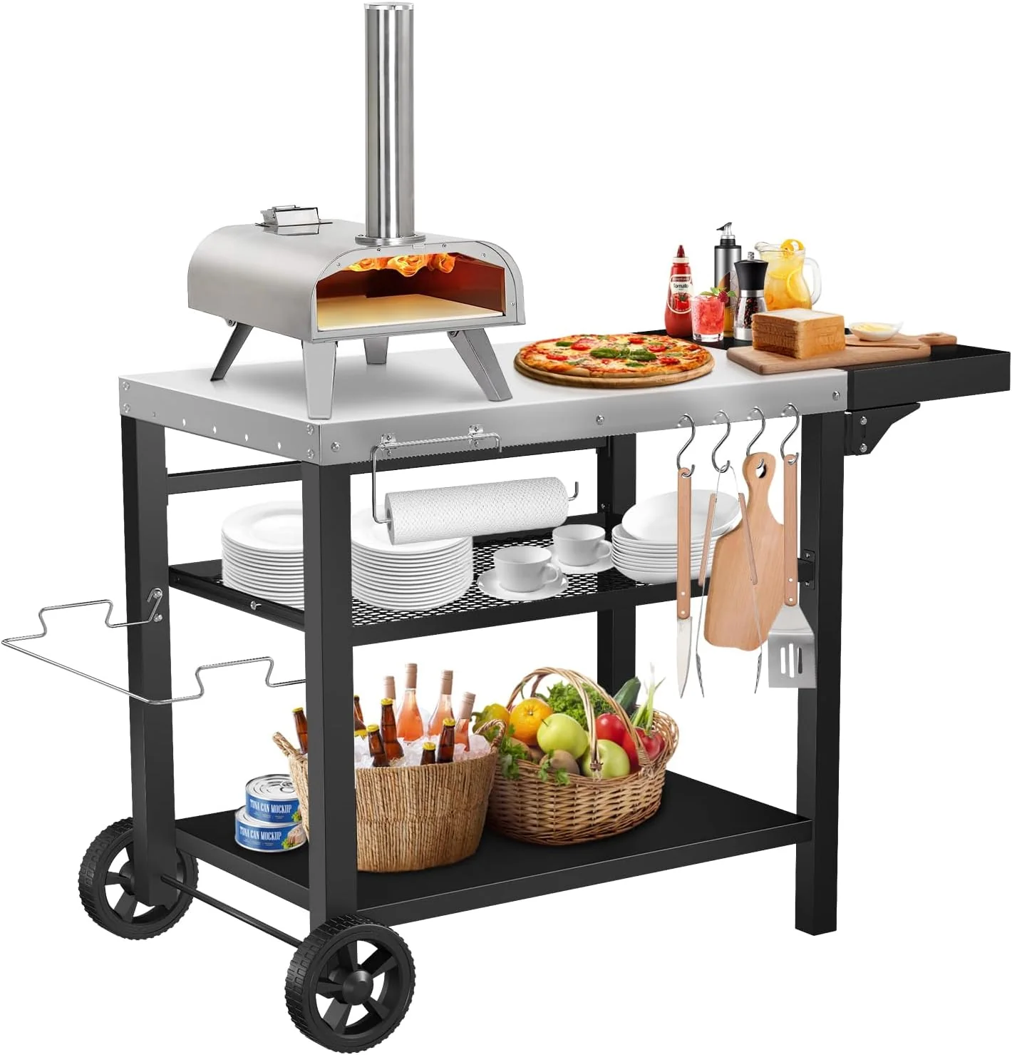 Outdoor Grill Cart with Three Shelf Food Prep Table and Drawer