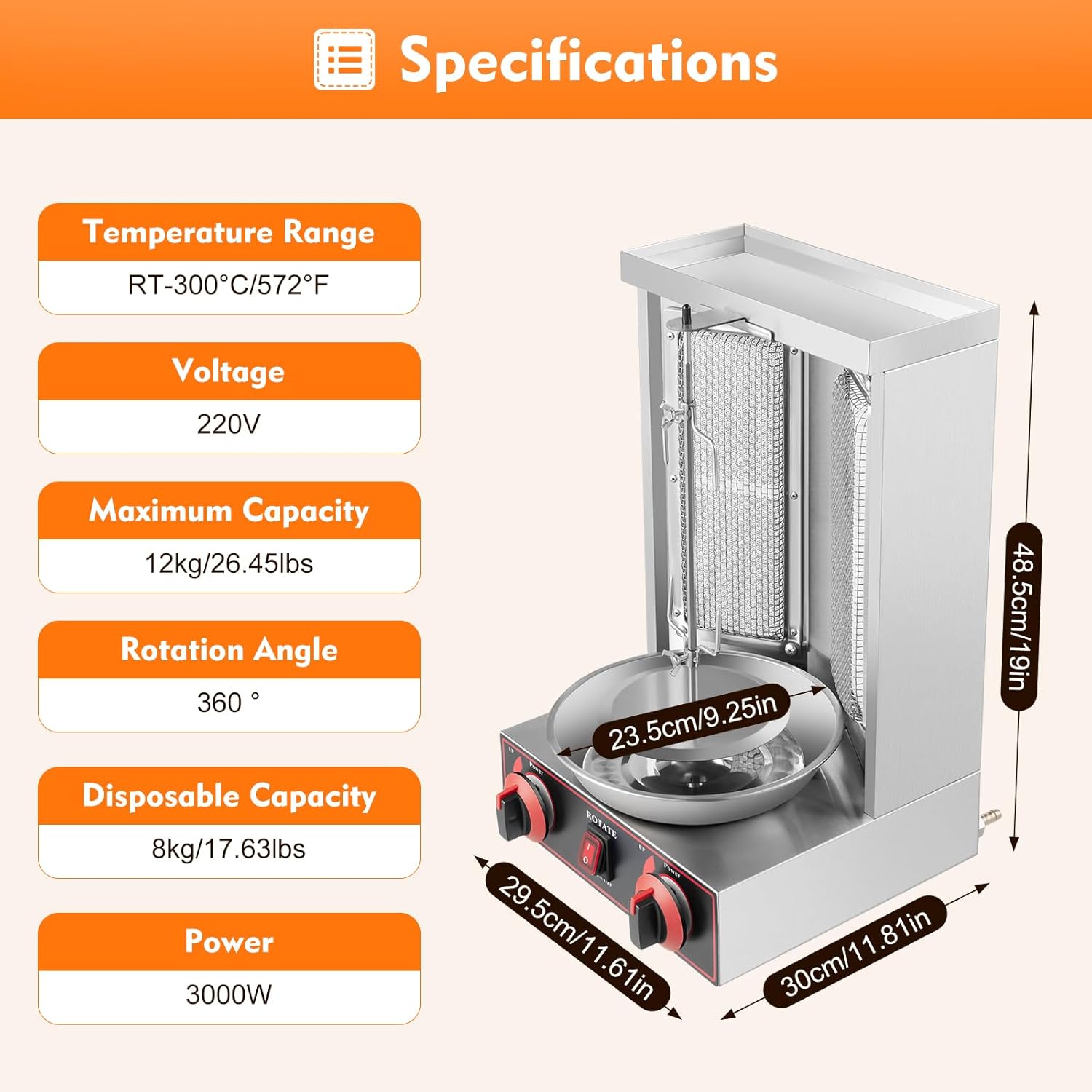 Edelstahl Gas Kebab Machine Dönergrill, Vertikalgrill, 360° Rotation Rotissiere Hähnchengrill, Dönerspieß für Gegrillt Huhn Lamm Schweinefleisch