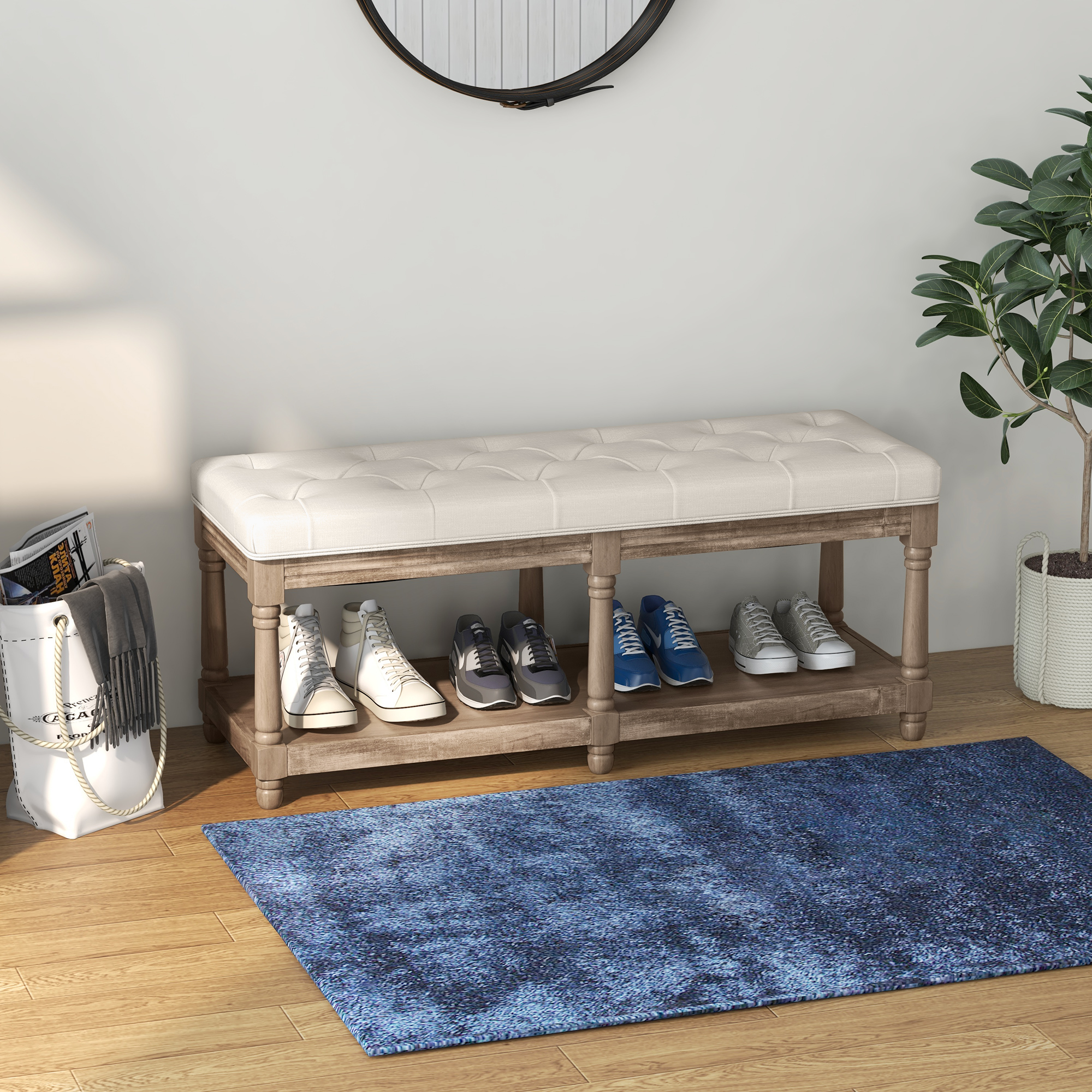 HOMCOM Sitzbank mit Stauraum, Vintage-Design, Knopfheftung, Kautschukbaumholz, 115x40x48cm, Cremeweiß