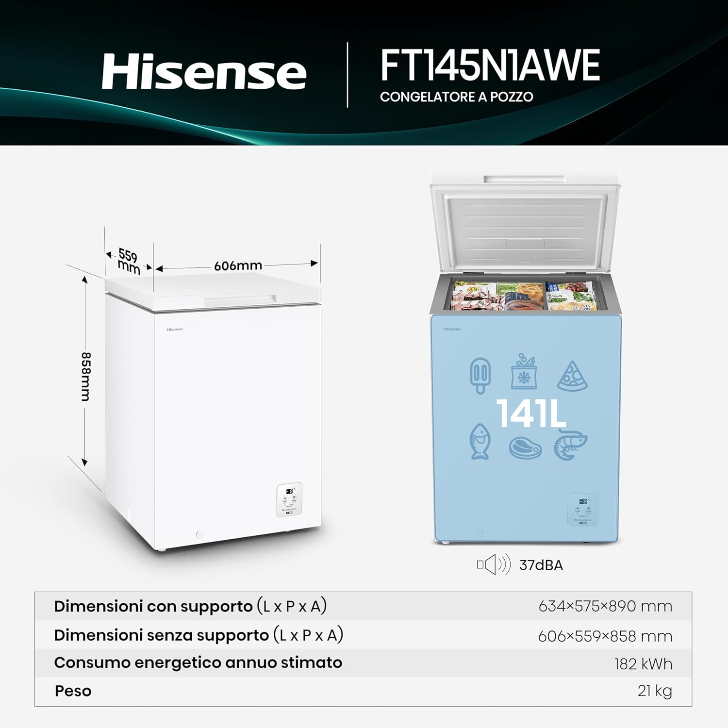 Hisense FT145N1AWE NUOVO Congelatore a pozzo 141 litri, Super Silenzioso 40 db, classe E, (L*P*A): 60,6×55,9×85,8 cm, Bianco