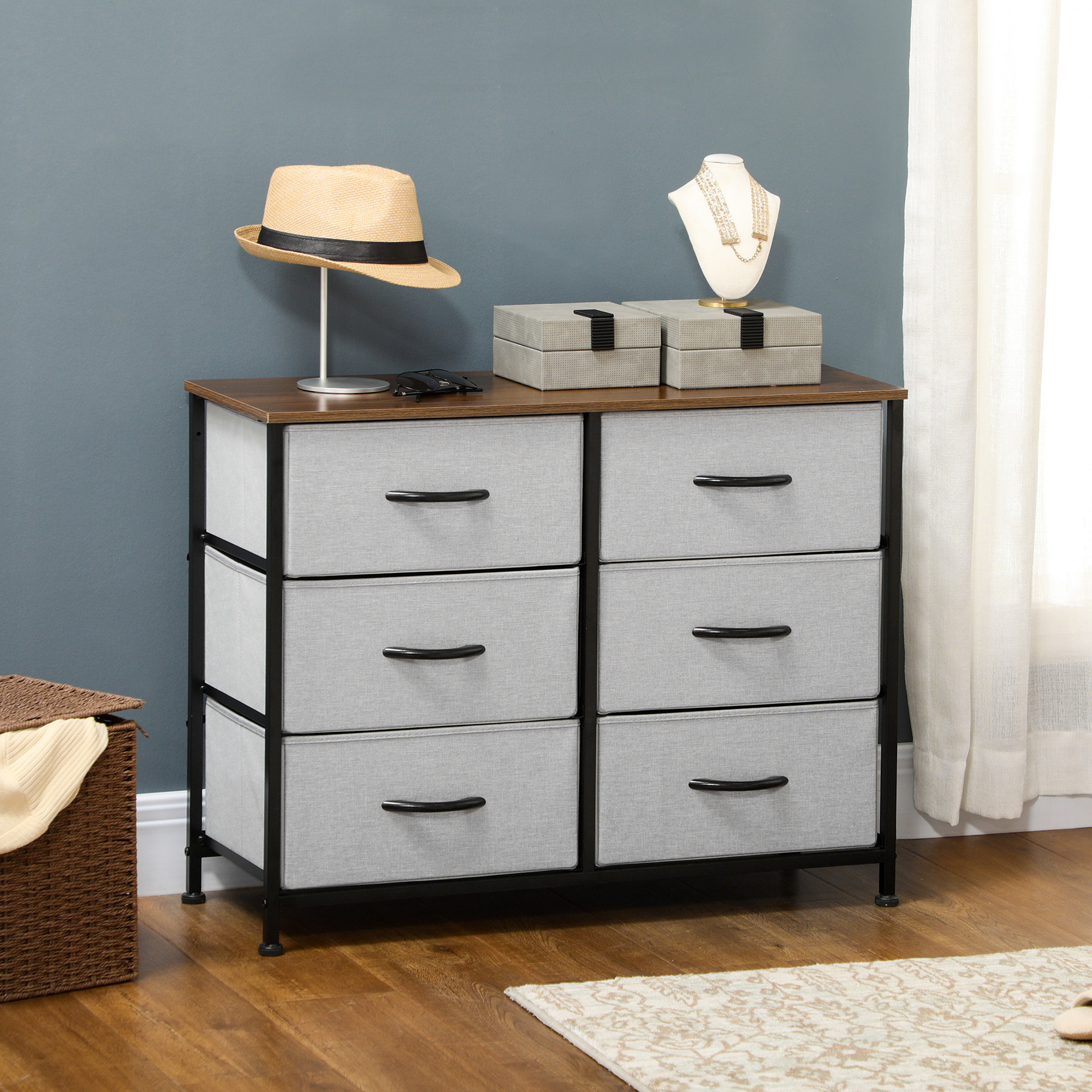 HOMCOM Kommode Sideboard, 6 Schubladen, Stoffschubladen, 80 cm x 30 cm x 62,5 cm, Braun + Schwarz + Grau
