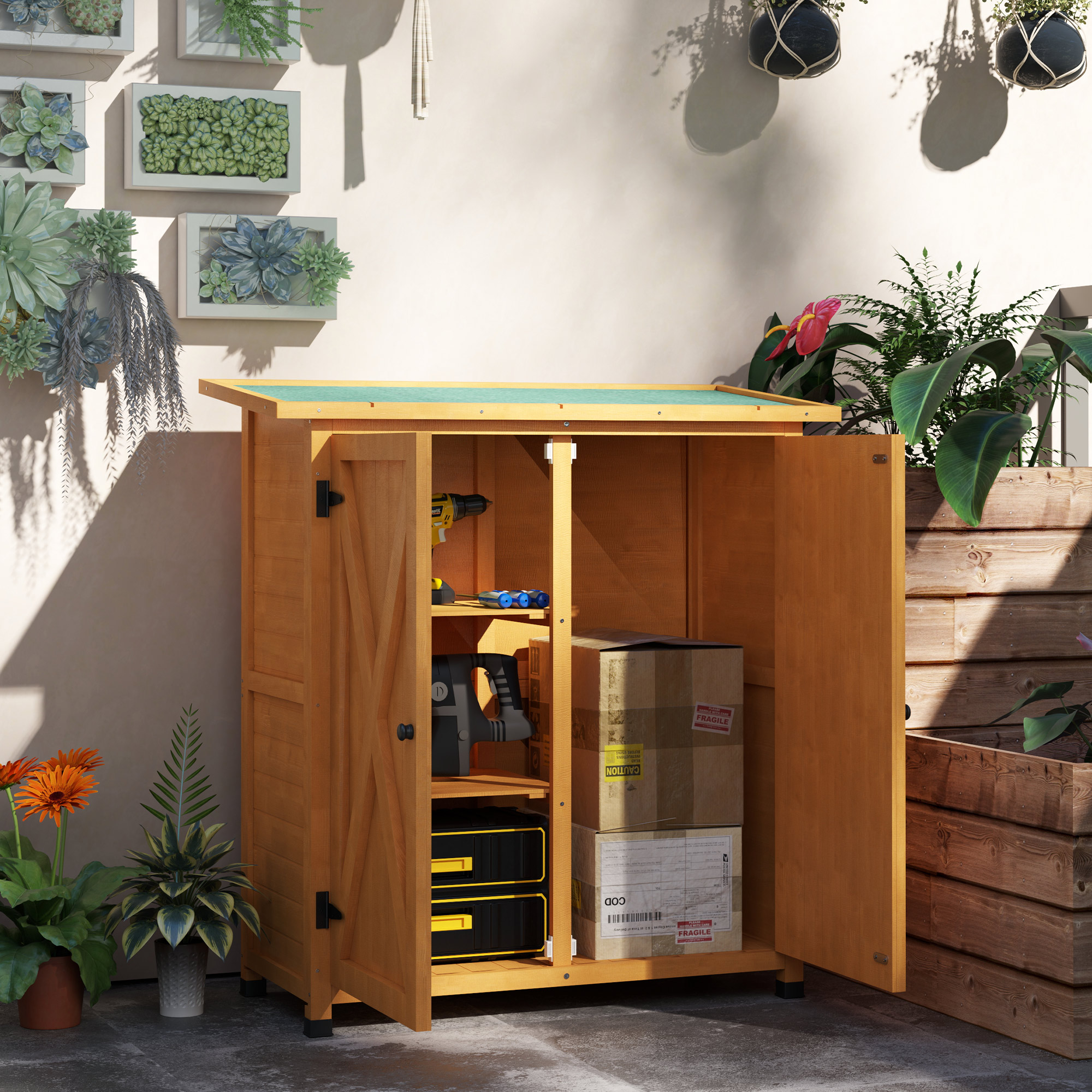 Outsunny Gartenschrank, Geräteschuppen aus Holz, Wetterfest Geräteschrank mit 2 Türen Asphaltdach 110 x 55 x 117 cm, Gelb