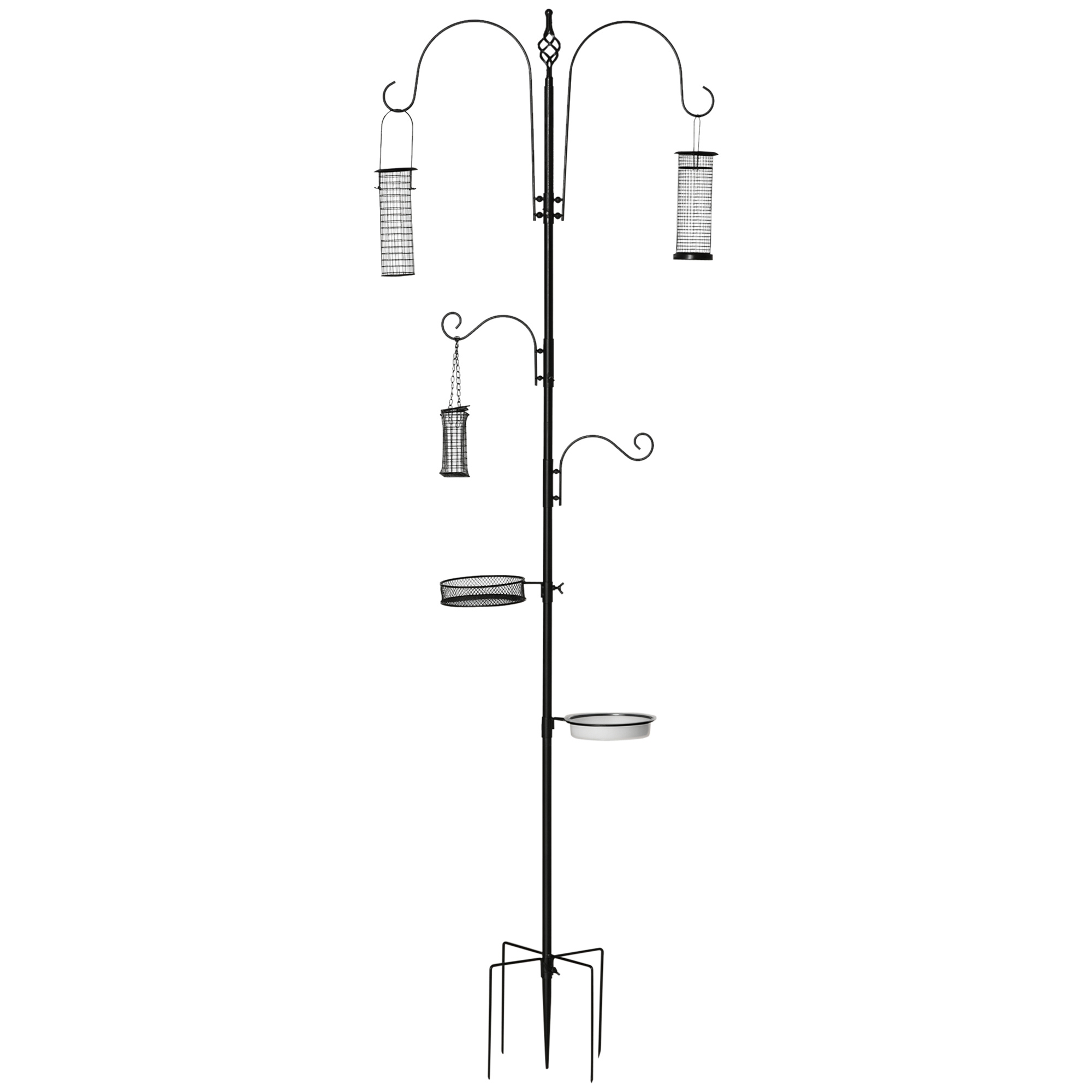 PawHut Vogel Futterstation Set aus Stahl Höhe 208 cm inkl. 4 Haken Vogeltränke Futterteller Vollständiges Futtersäulen Vogelfutterspender Station Schwarz