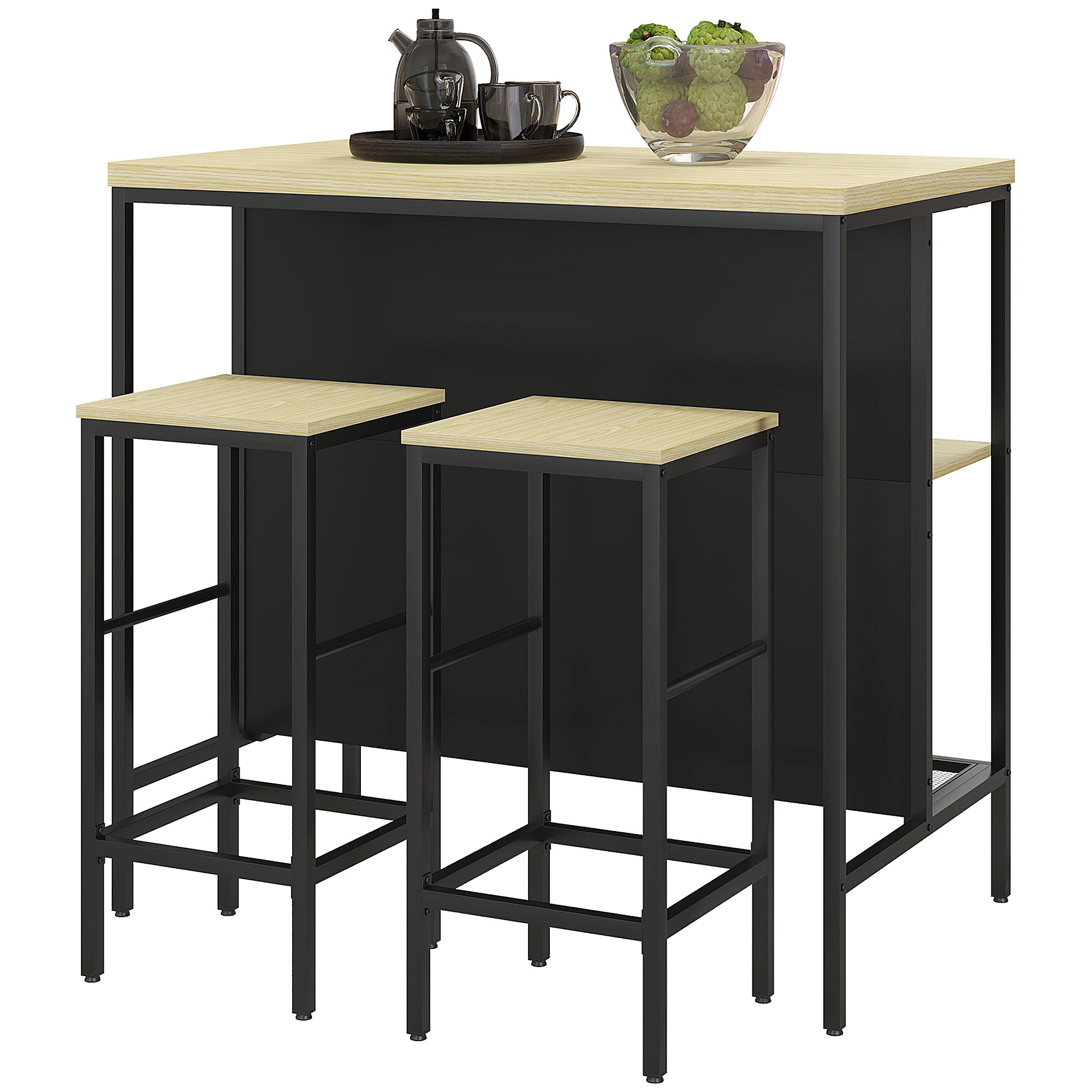 HOMCOM Bar-Set, 2 Barstühle & 1 Bartisch, fleckenresistent, stabil, Stahlrahmen, Schwarz/Eiche