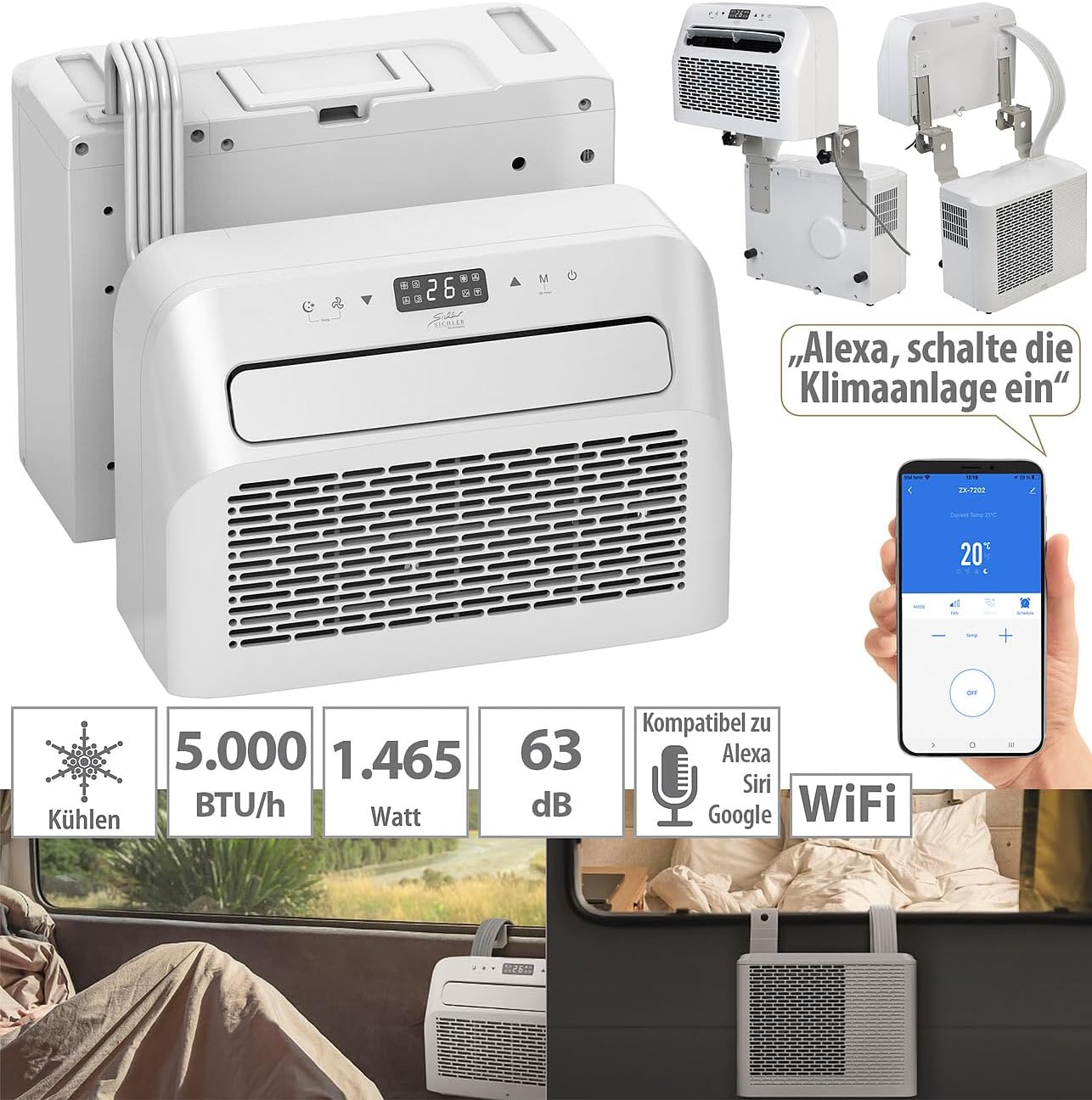 Sichler Haushaltsgeräte Klimaanlage Wohnwagen: Mobile Split-Klimaanlage, Entfeuchterfunktion, WLAN & App, 5.000 BTU/h (Wohnmobil, Mini Split, PCs)