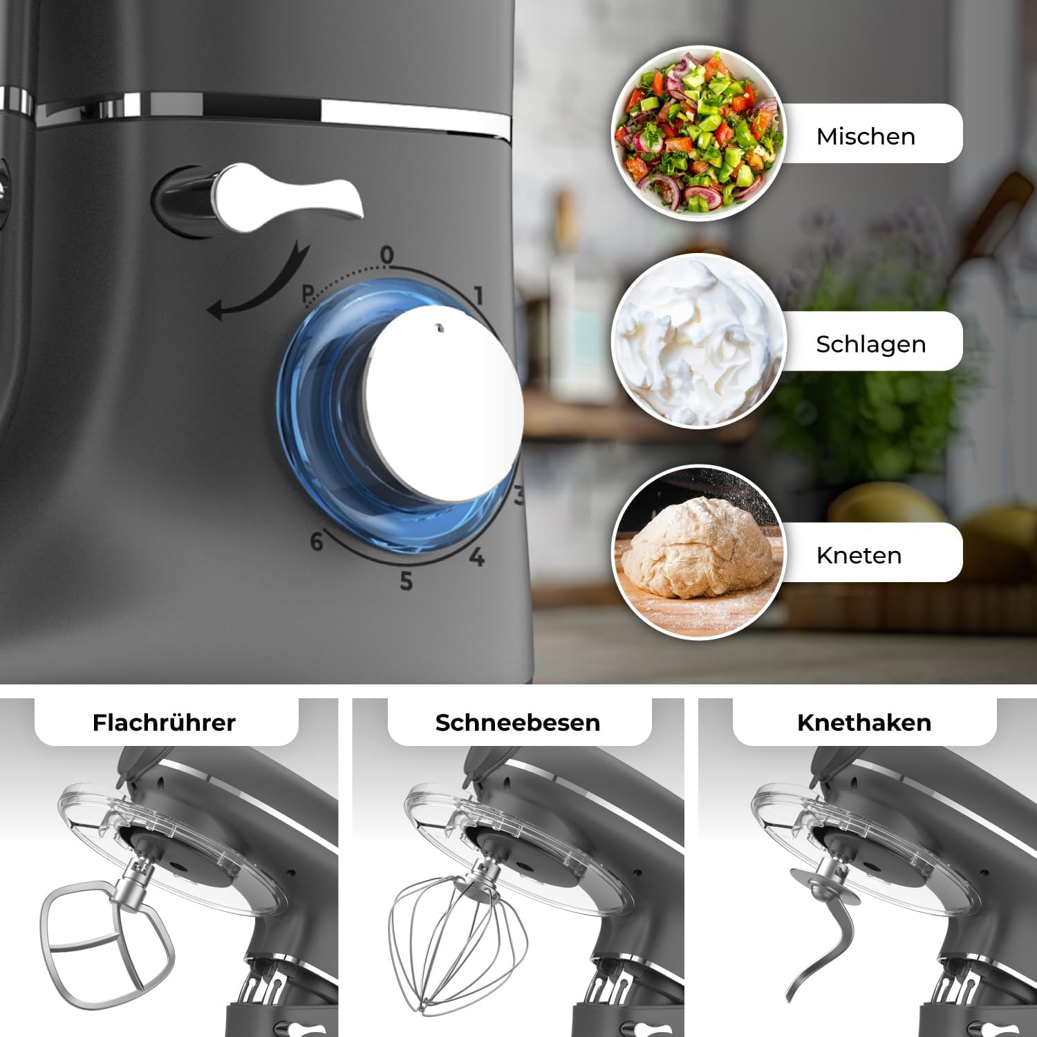 6-in-1 Küchenmaschine – 2000W – Mit Fleischwolf, 1,5L Entsafter, Gemüseschneider und Mehr – Knetmaschine mit 6,2L Rührschüssel, Rührhaken, Knethaken, Schlagbesen und Spritzschutz (Anthrazit)