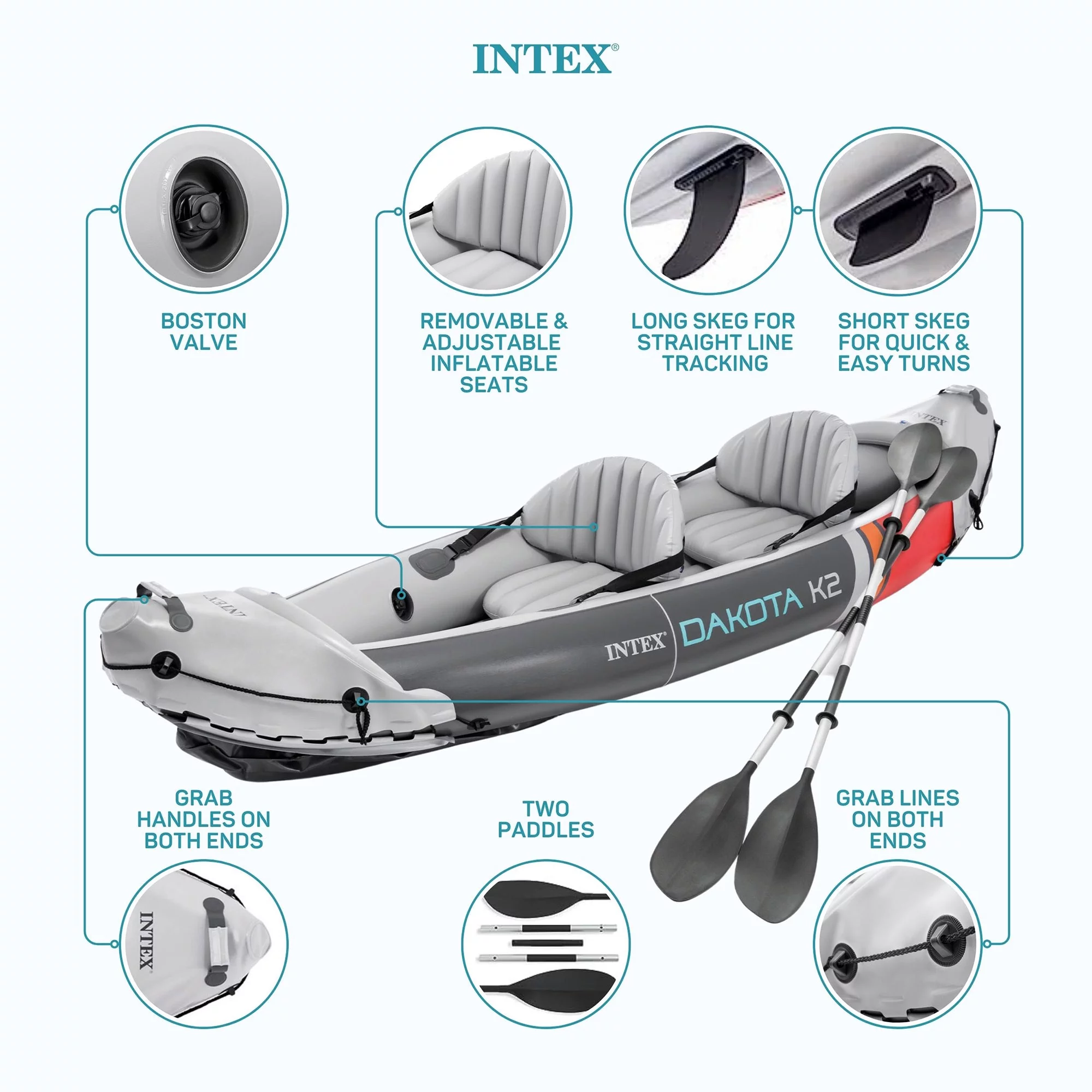 2025 Intex Dakota K2 Kayak inflable de vinilo para 2 personas, con remos y bomba – Caja abierta