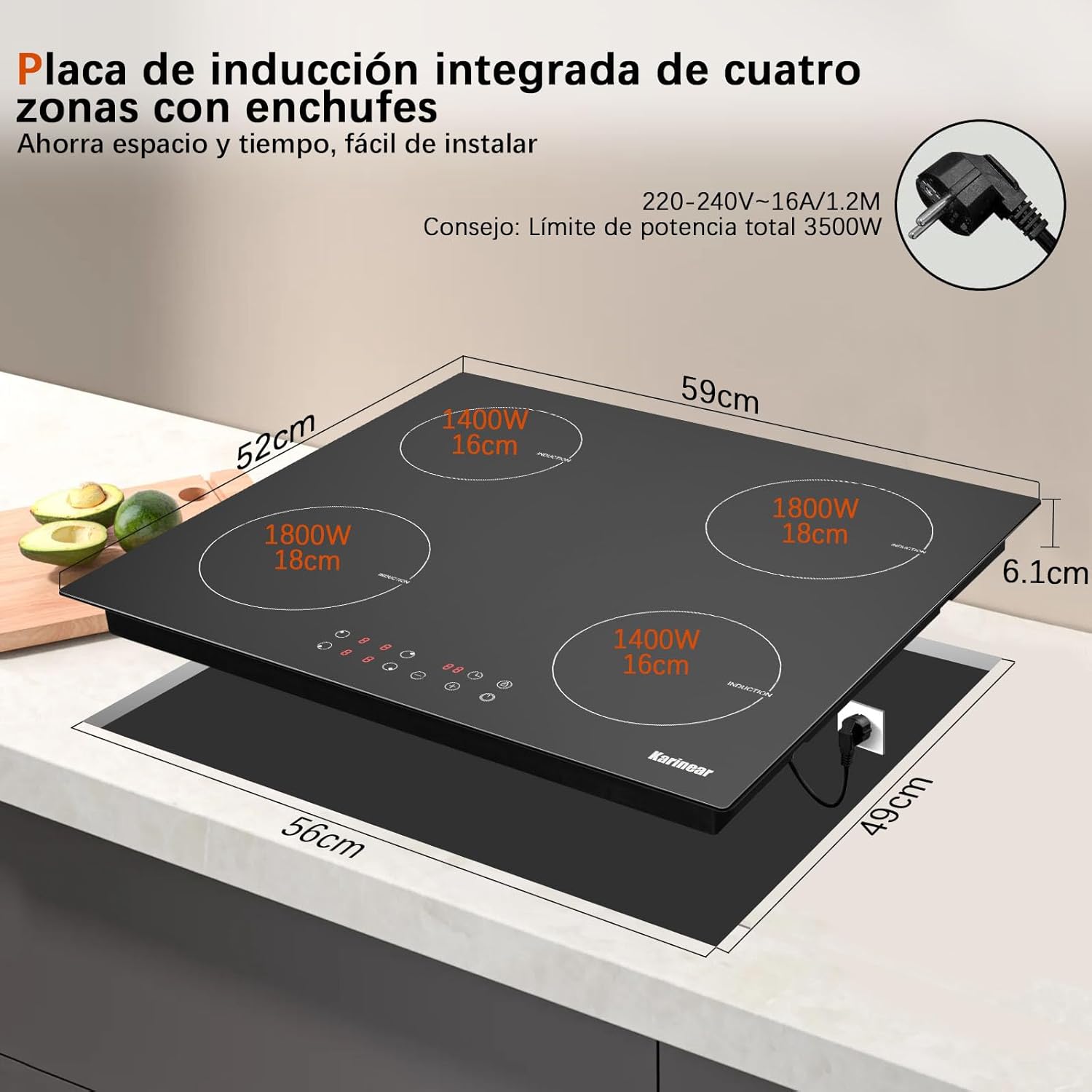 Karinear Piano Cottura Induzione 4 Fuochi, 60cm Piastra Induzione Elettrico 4 Piastre, Piani Cottura con Spina 3500W, 9 Power Comandi Toccare, Blocco di Sicurezza per Bambini, Timer Lock, Vetro, Nero