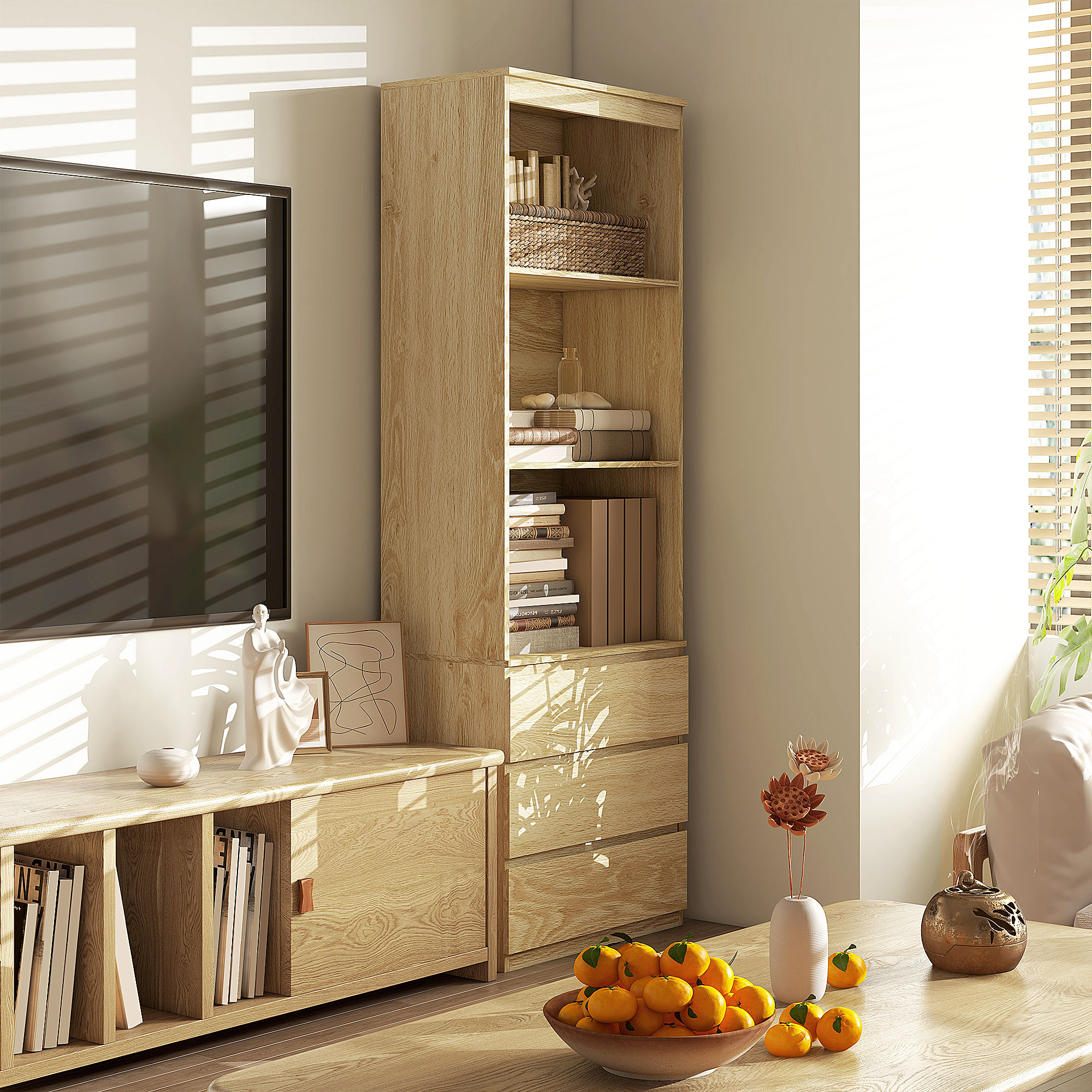 HOMCOM Bücherregal hoch 180 cm mit 3 Regalen und 3 Schubladen Maße 60B x 35T x 180H cm Spanplatten Holzeffekt