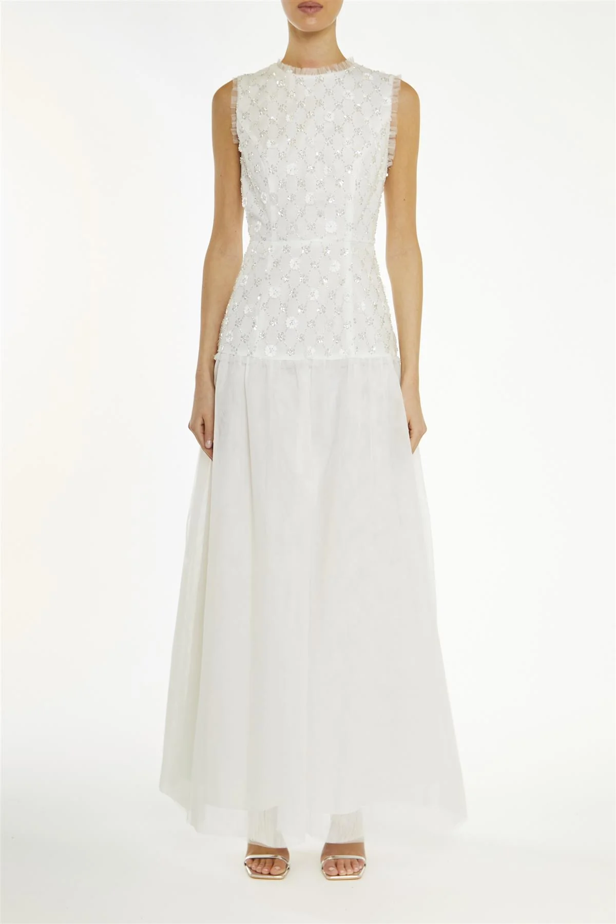 Ophelia White-Beaded Floral Dropped-Waist Maxi-Dress