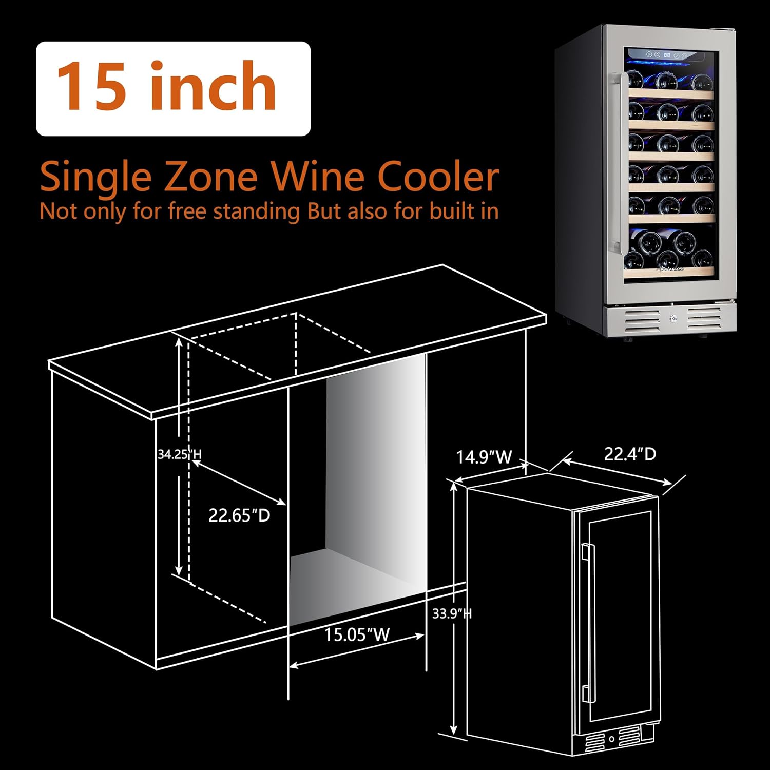 24 inch Wine Cooler, 46 Bottle – Dual Zone Built-in or Freestanding Fridge with Stainless Steel Reversible Glass Door, for Home, Kitchen, or Office.