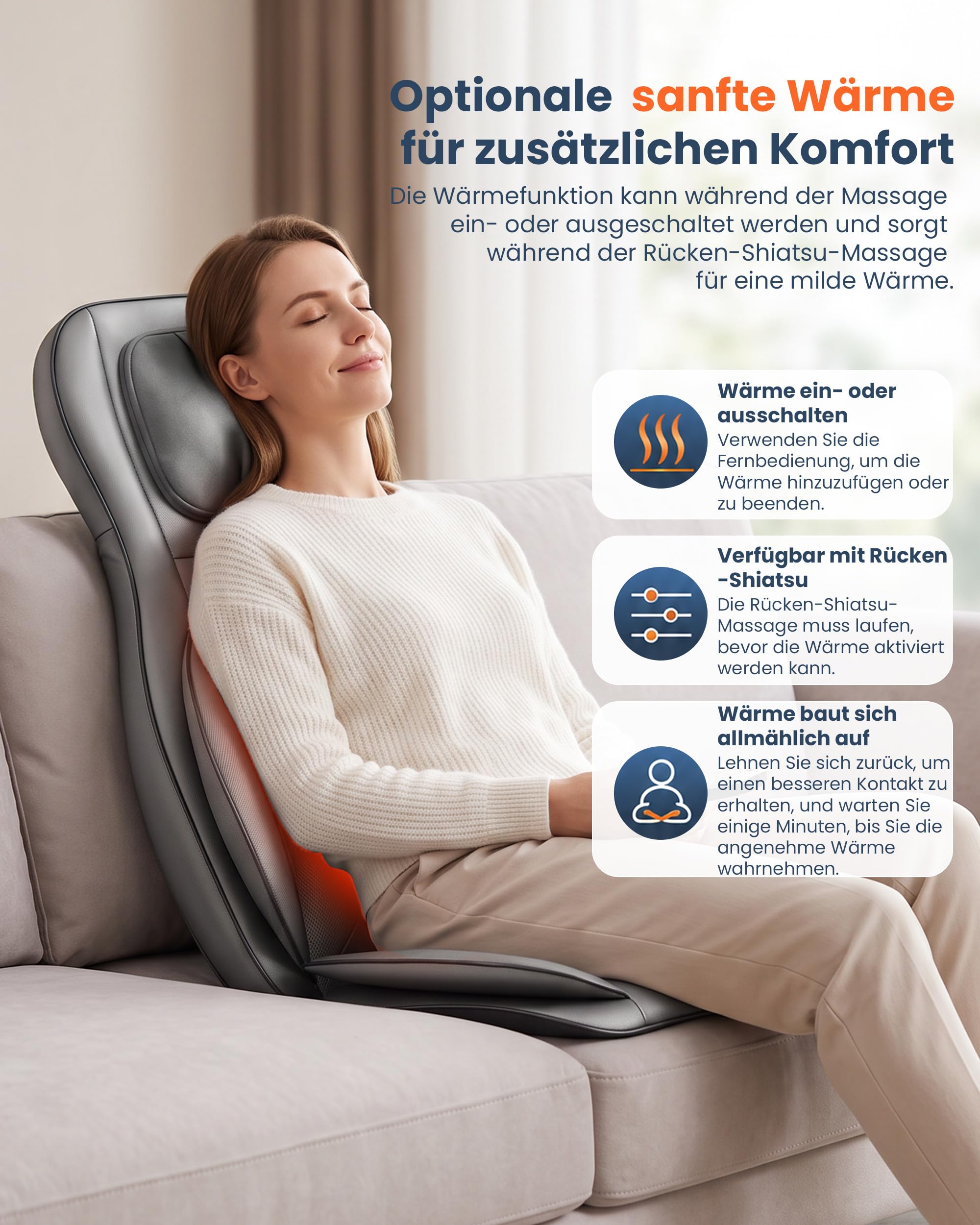 Massagesitzauflage mit Shiatsu, Wärme und Luftdruckmassage, höhenverstellbare Nackenmassage, 3 Zonen