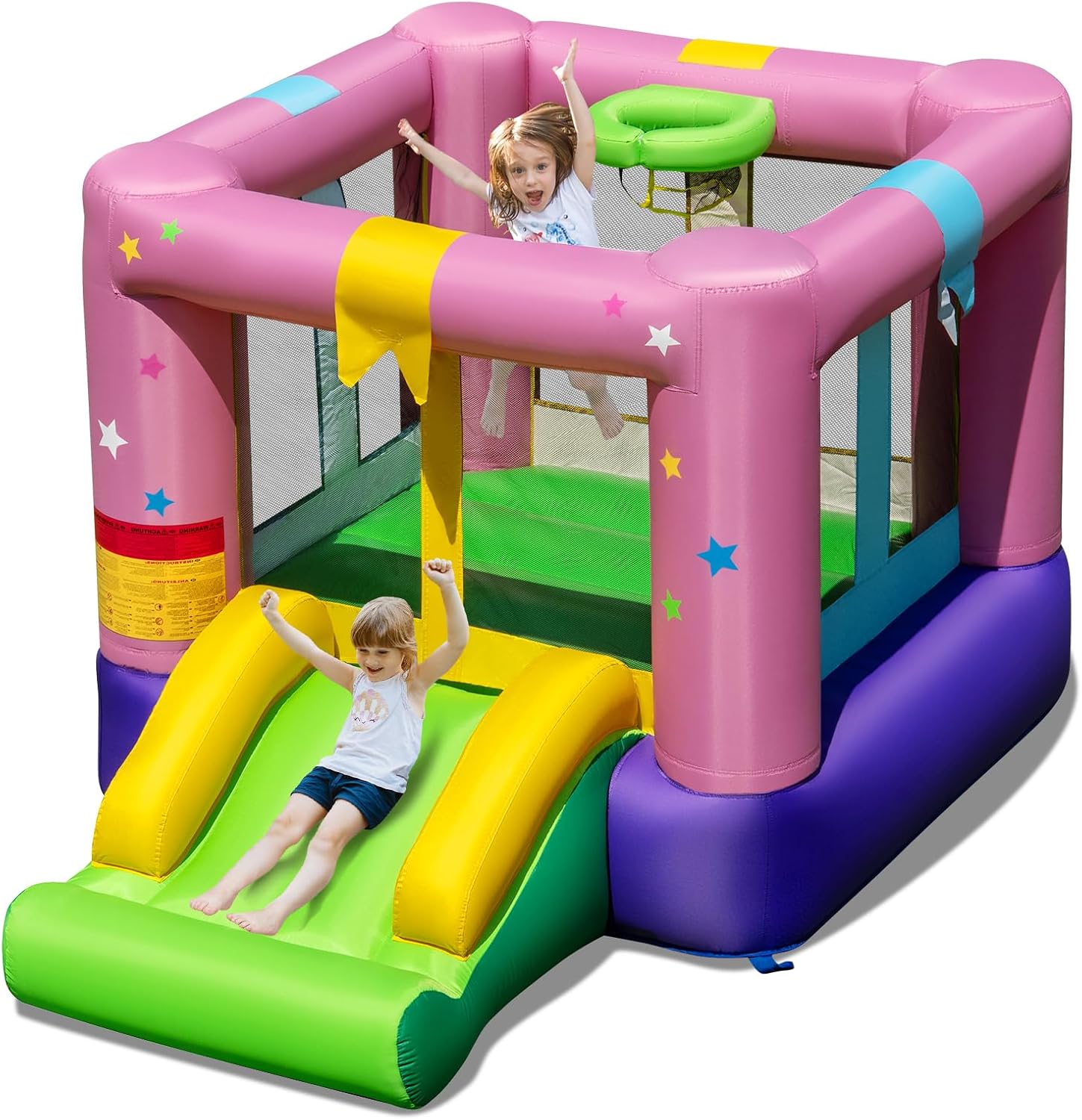 RELAX4LIFE Castello Gonfiabile 240x174x143cm per Bambini con Ampia Area di Salto, Casa di Rimbalzo con Scivolo e Canestro da Basket, Borsa da Trasporto, Capacità di Peso 45 kg, per 3+ Anni