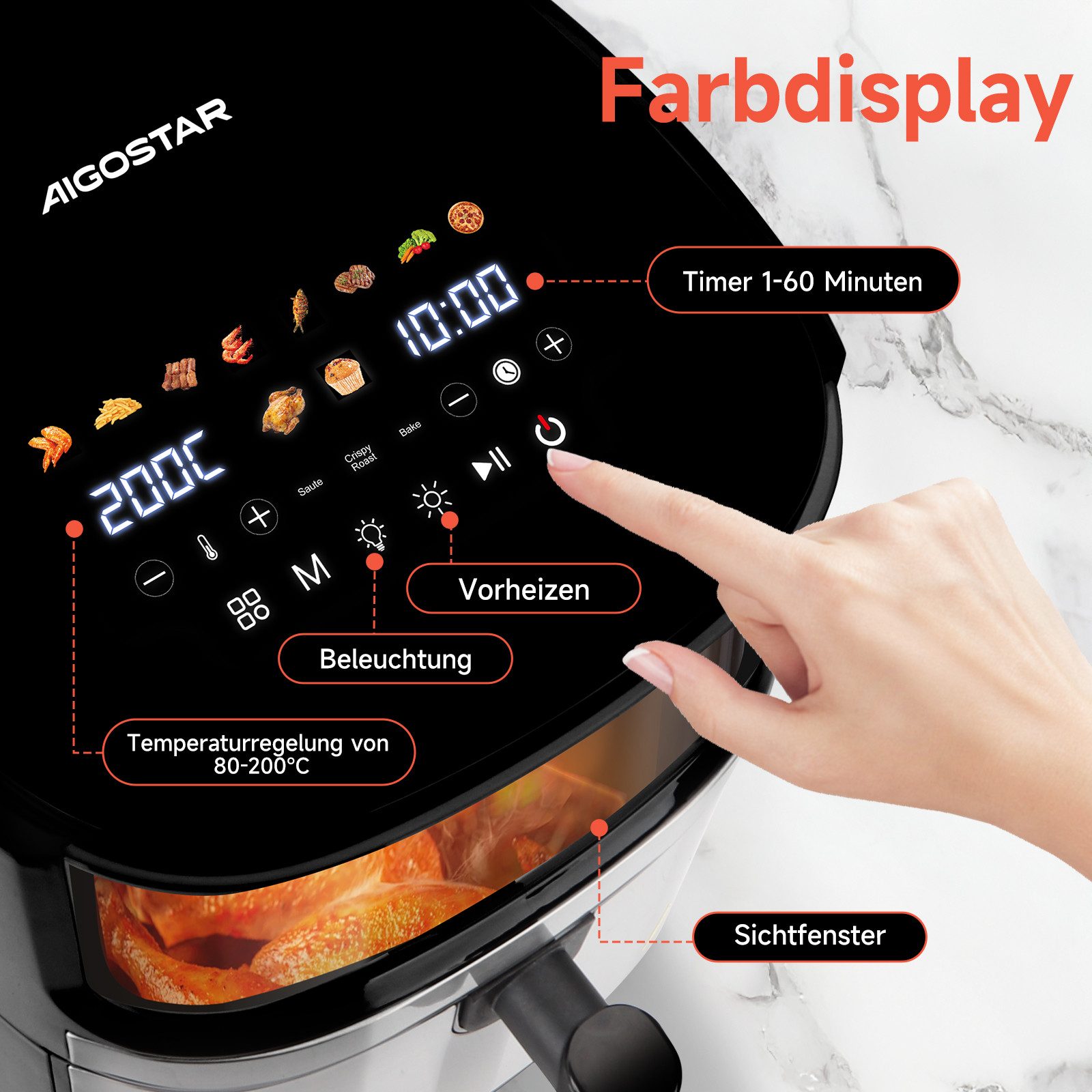 Heißluftfritteuse Dual Blaze™ Heißluftfritteuse XXL, 8L Air Fryer 2000W mit Sichtfenster, 10 Programme, 3 Kochfunktionen