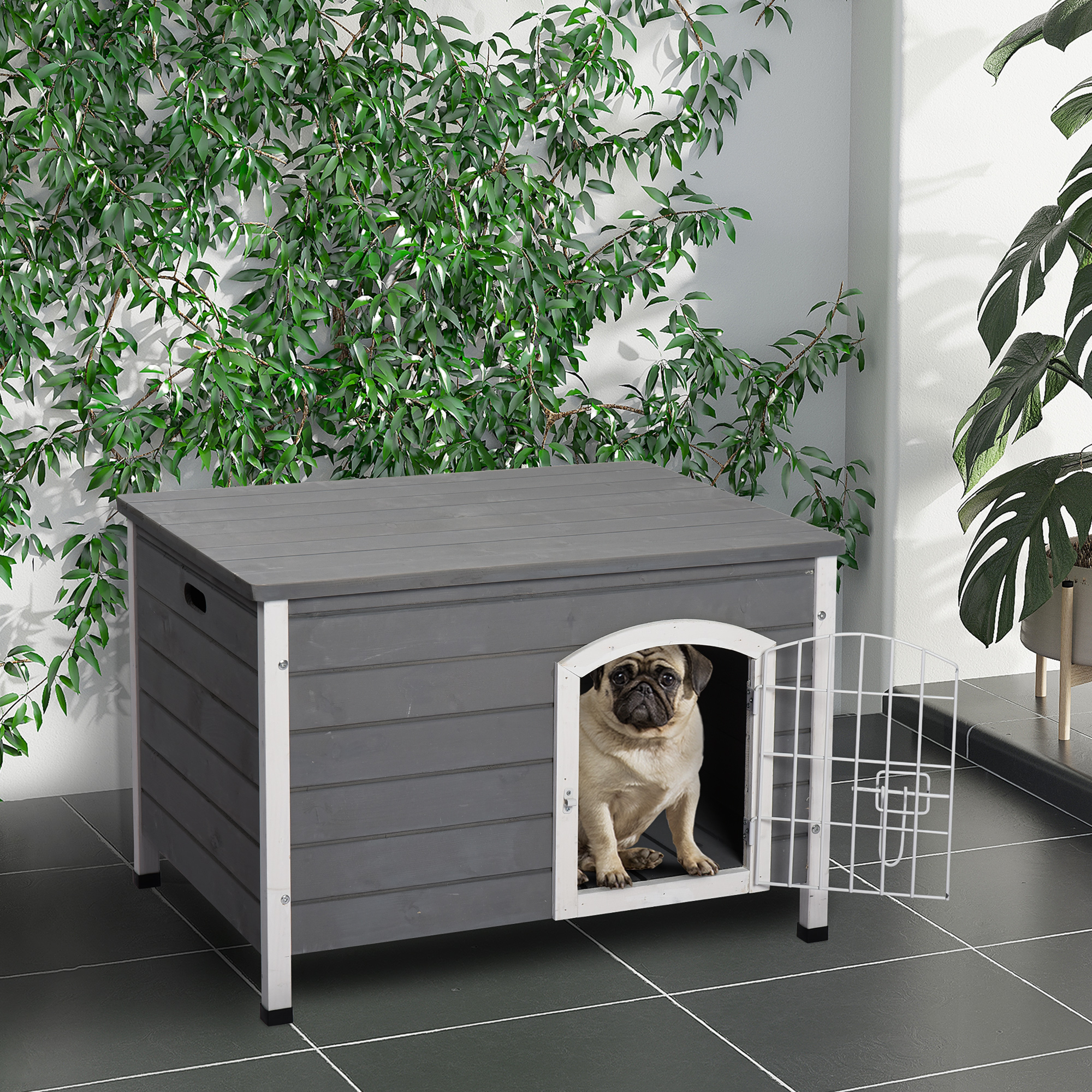 PawHut Hundehütte Hundehaus mit Tür Hundebox Gitterbox TransportKäfig für Katzen Hasen Outdoor wasserdicht Grau Tanne 80 x 55 x 53,5 cm