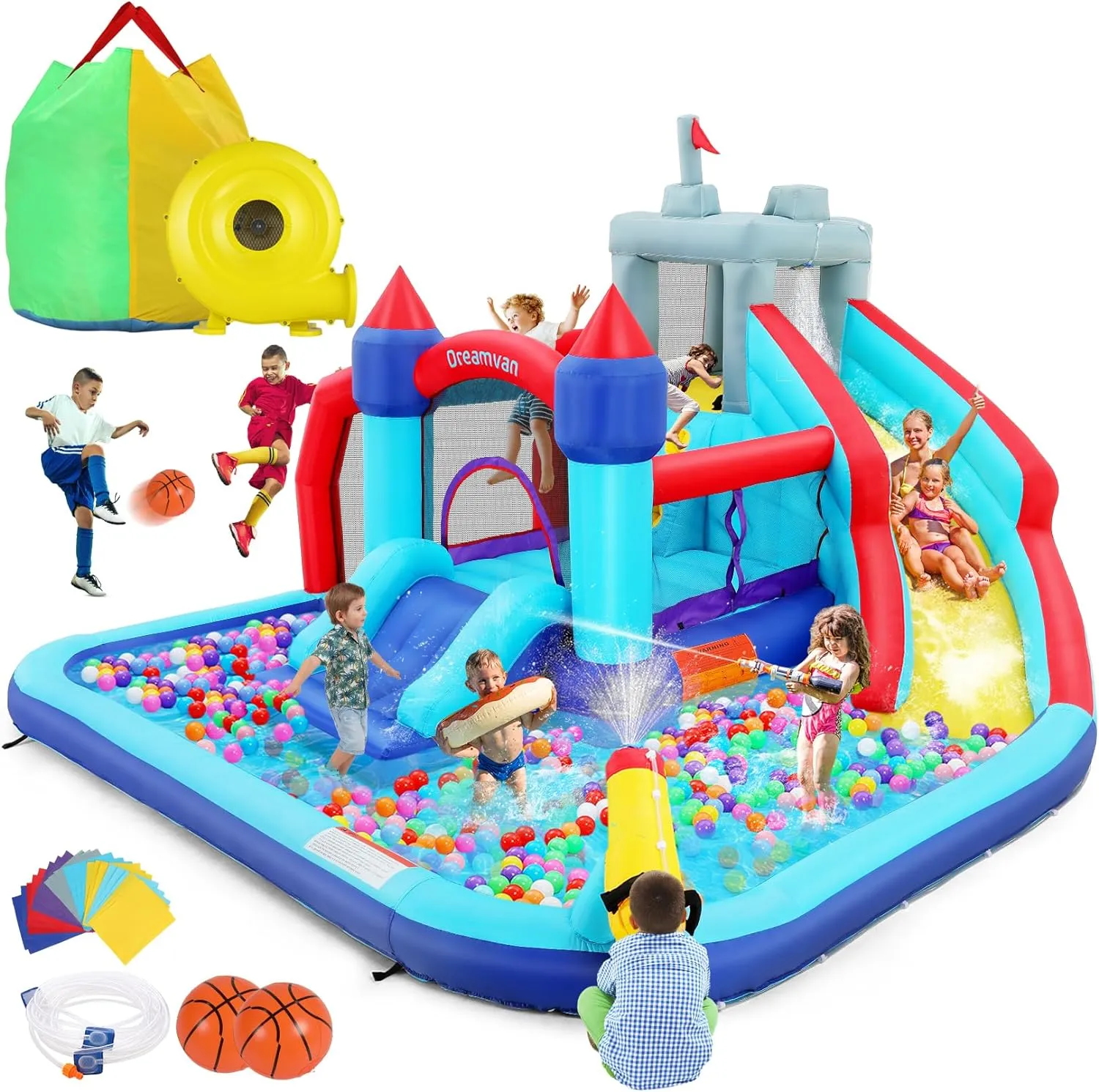 Inflatable Water Slides for Kids 8 in 1 Bounce House Water Park with 450W Blower Climbing Wall, Splash Pool, 2 Water Cannons, Basketball Hoop, Water Slide, Crocodile Sprinkler for Gift Backyard Party