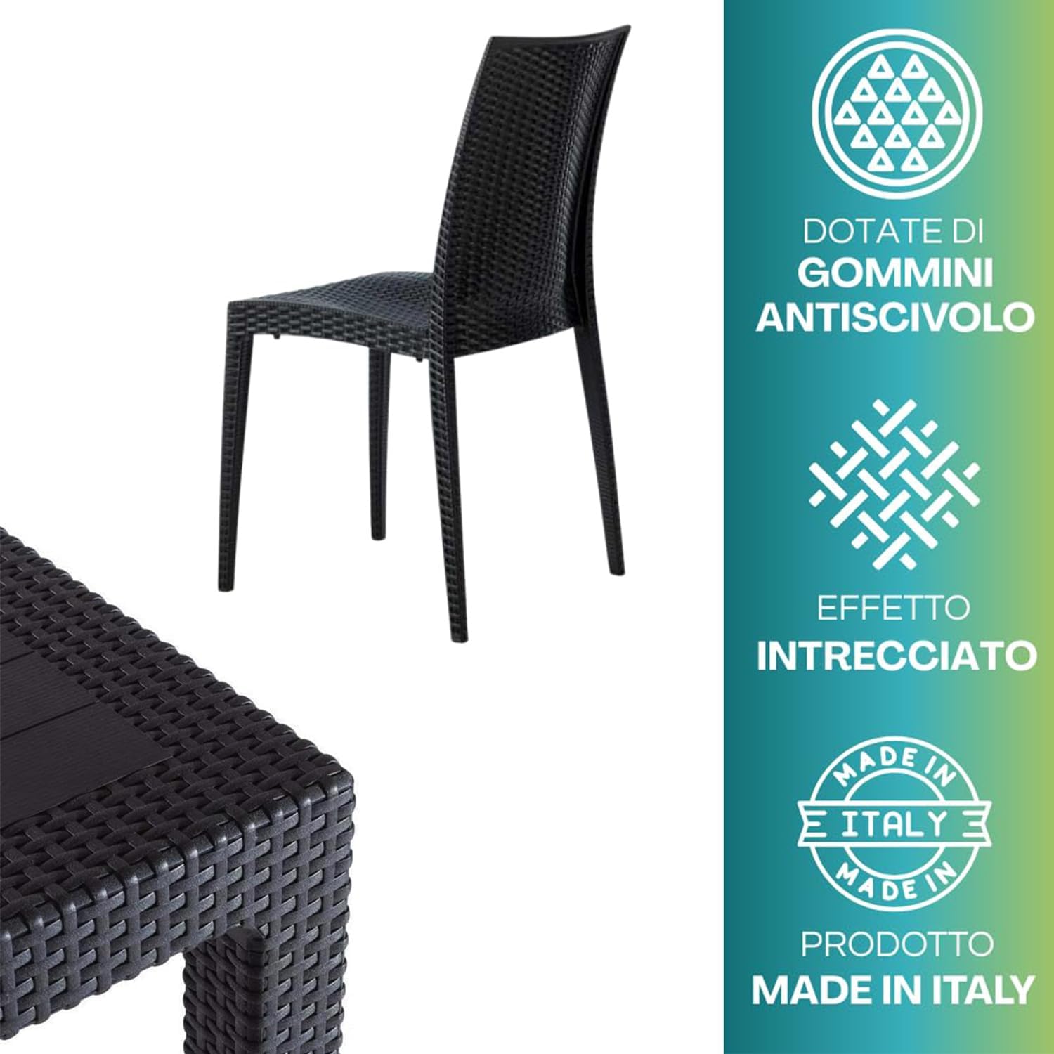 PALUPLUS KIN024F/MAD603F-23.5 Square Table Set with 4 Rattan Chairs, Plastic Anthracite Colour, Table Size 79 x 79 x 72 cm, Chair without Armrests, Outdoor Furniture, Terrace