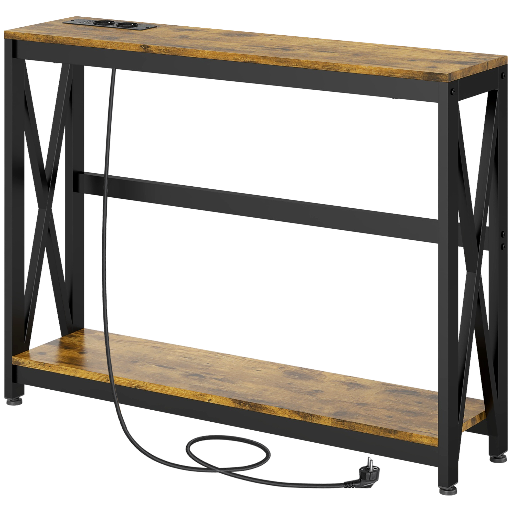 HOMCOM Schmale industrielle Konsolentisch mit 2 Ebenen und Steckdosen und USB, 100 x 24 x 75 cm, Braun