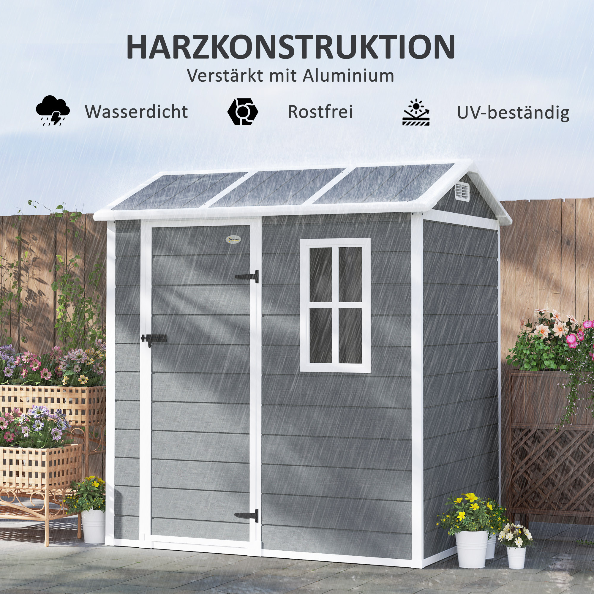 Outsunny Tuinhuis, Gereedschapsschuur met Bodem, Raam, Afsluitbare Deur, Kunststof-Harz, Weerbestendig, Grijs