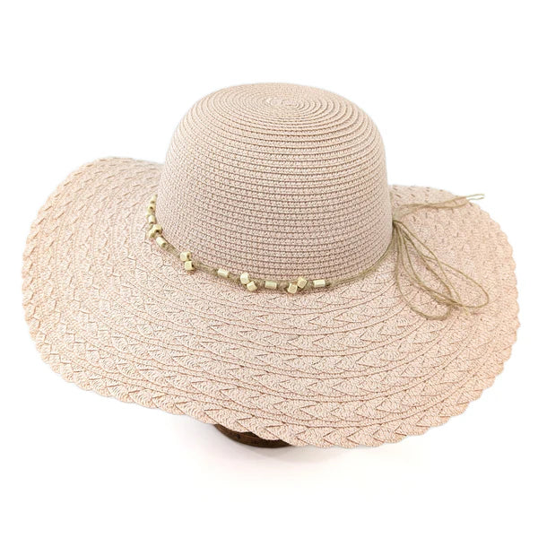 Folding Wide-Brim Travel Sun Hat �C Pink | Beaded Band Paper Straw Hat
