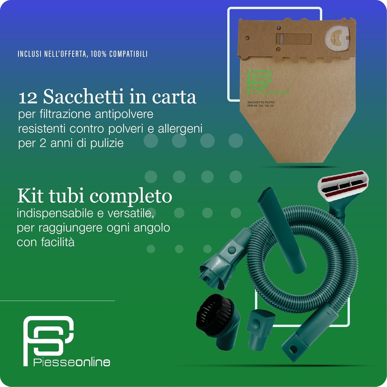 Aspirapolvere Folletto VK130 -REVISIONATA- + Spazzola HD CON RUOTE, Ideale Per Tutti i Pavimenti, Cavo Estraibile 7m, 3 Velocità, Filtro HEPA, Pronta all’Uso + 2 ANNI SACCHETTI + KIT TUBI