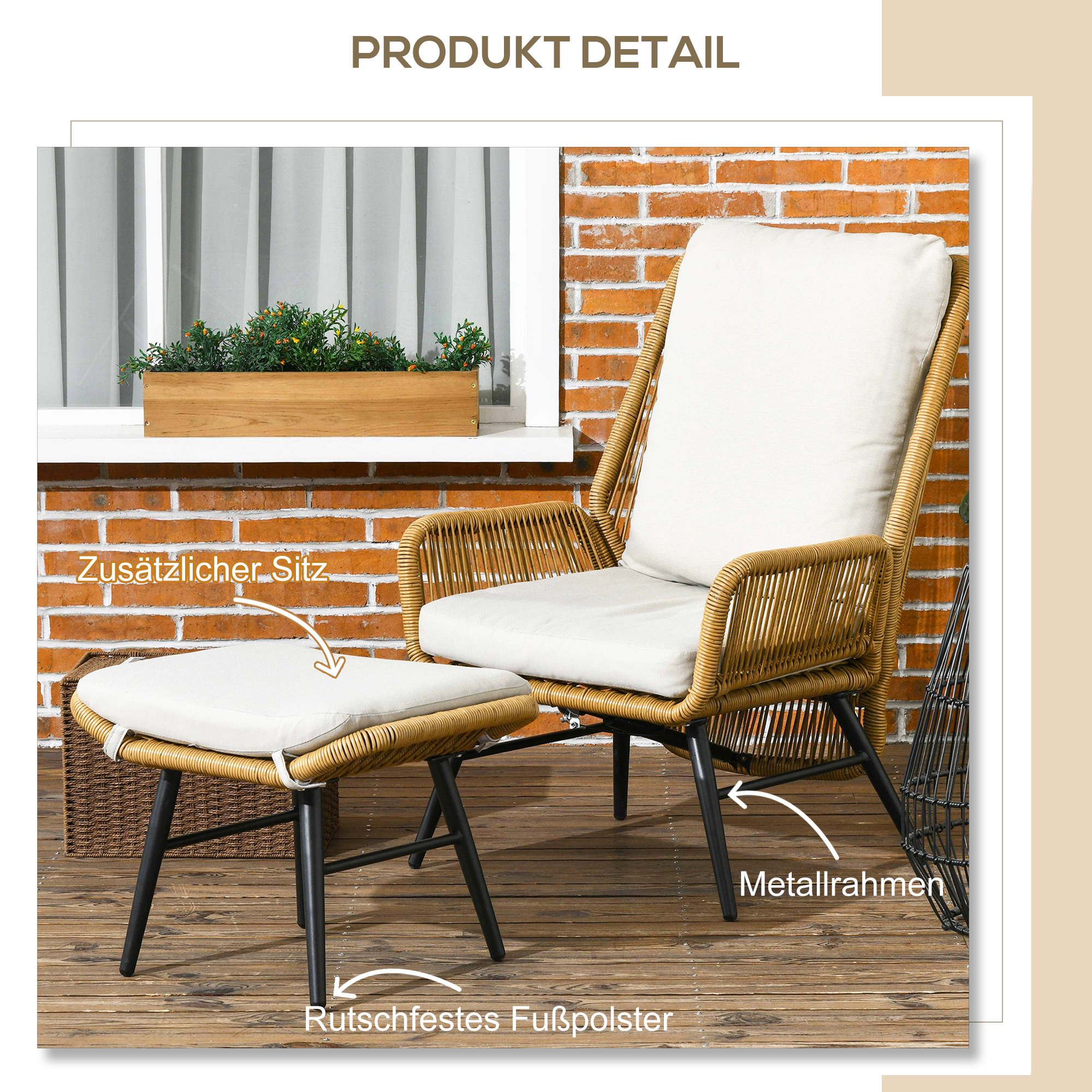 Outsunny Polyrattan Tuinstoel en Voetenbank, verstelbare leuning, Lichtbruin/Grijs/Zwart