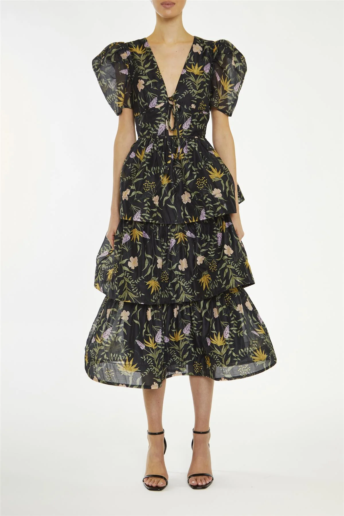 Ariella Black Stem Nature Floral Tiered Midaxi-Dress