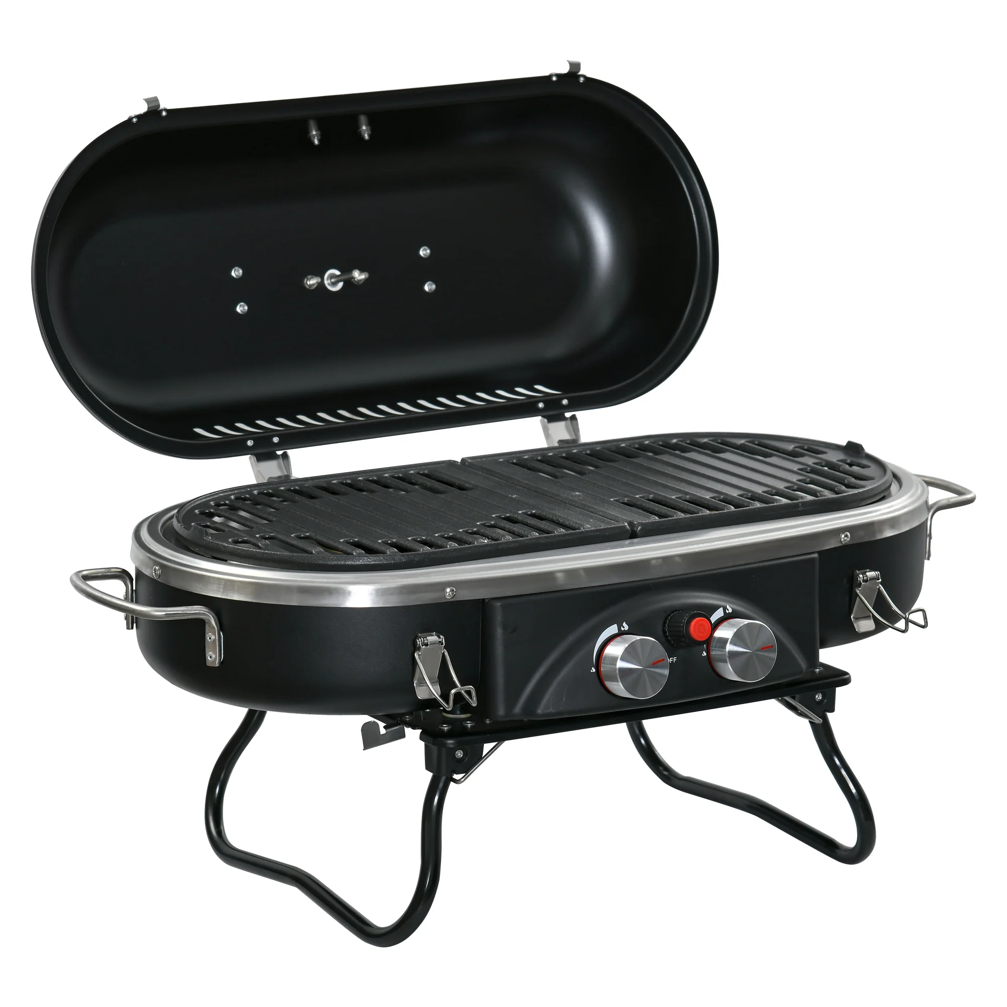 Outsunny Gasbarbecue 2,34 KW Opvouwbaar BBQ Tuinbarbecue incl 2 Roestvrijstalen Branders Drukverminderaar 66 x 34,5 x 37 cm Zwart