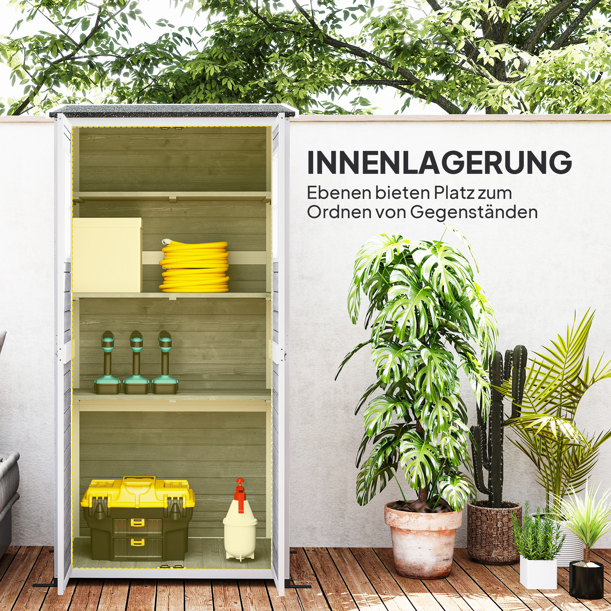 Outsunny Tuinopslagschuur, Gereedschapsschuur met 2 Ramen, Grondpalen, Asfaltdak, 91 x 69 x 192 cm, Vurenhout, Lichtgrijs